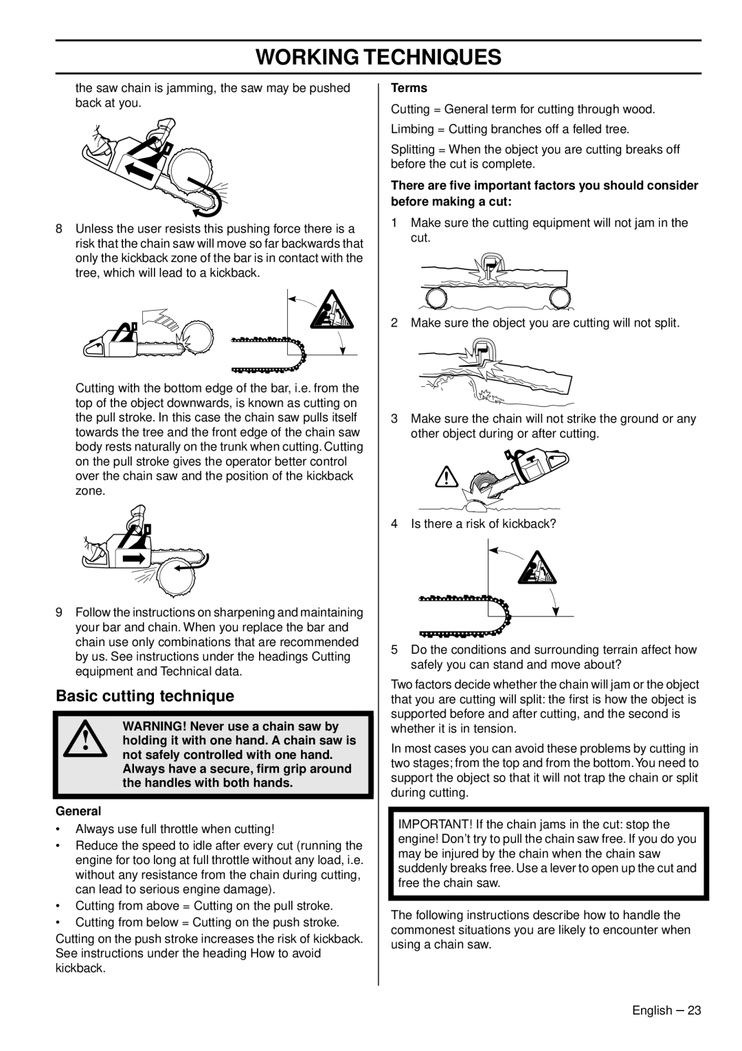 Husqvarna CS 2159CWH, CS 2159WH, CS 2156CWH manual Basic cutting technique, Terms 