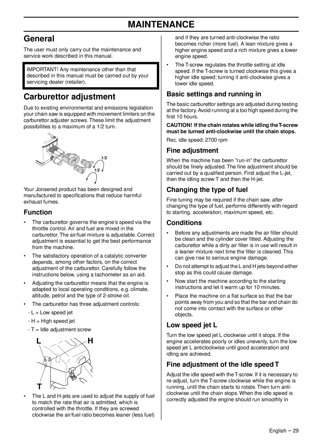 Husqvarna CS 2159WH, CS 2156CWH, CS 2159CWH manual Maintenance, General, Carburettor adjustment 