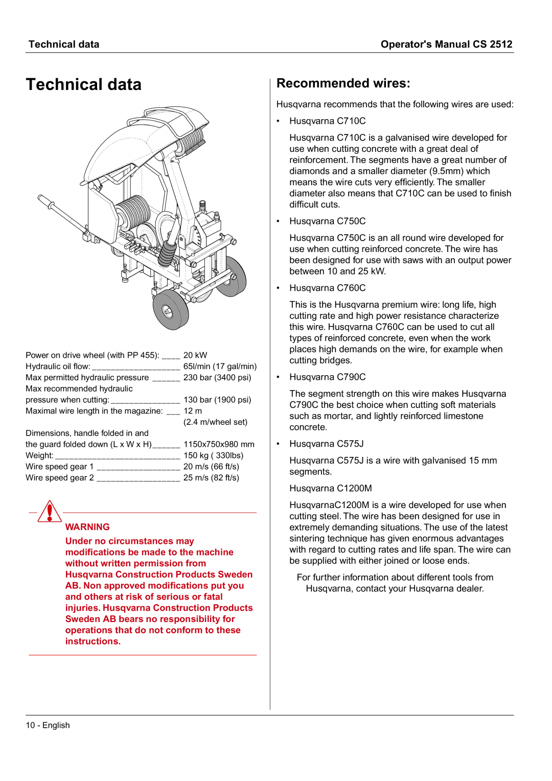 Husqvarna CS 2512 manual Technical data, Recommended wires 