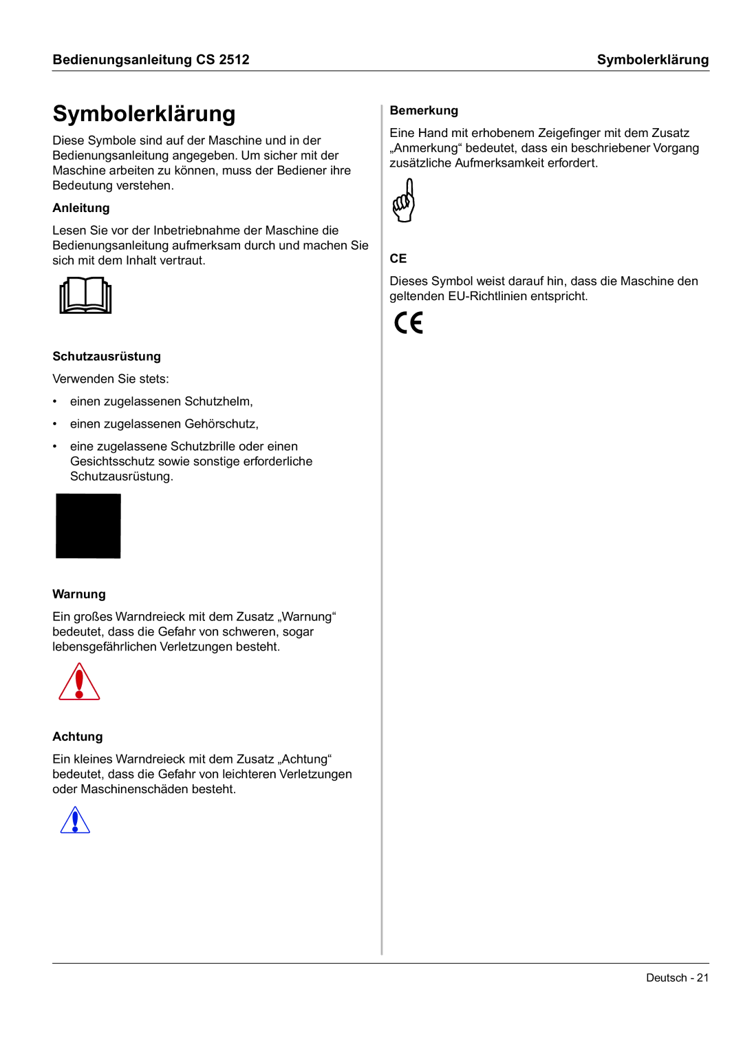 Husqvarna CS 2512 manual Symbolerklärung 