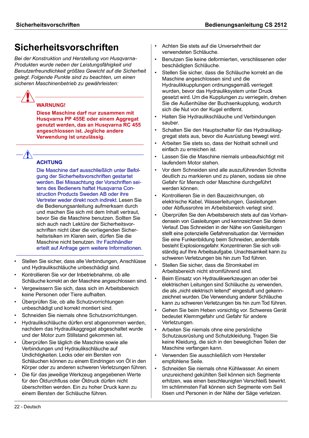 Husqvarna CS 2512 manual Sicherheitsvorschriften, Warnung 