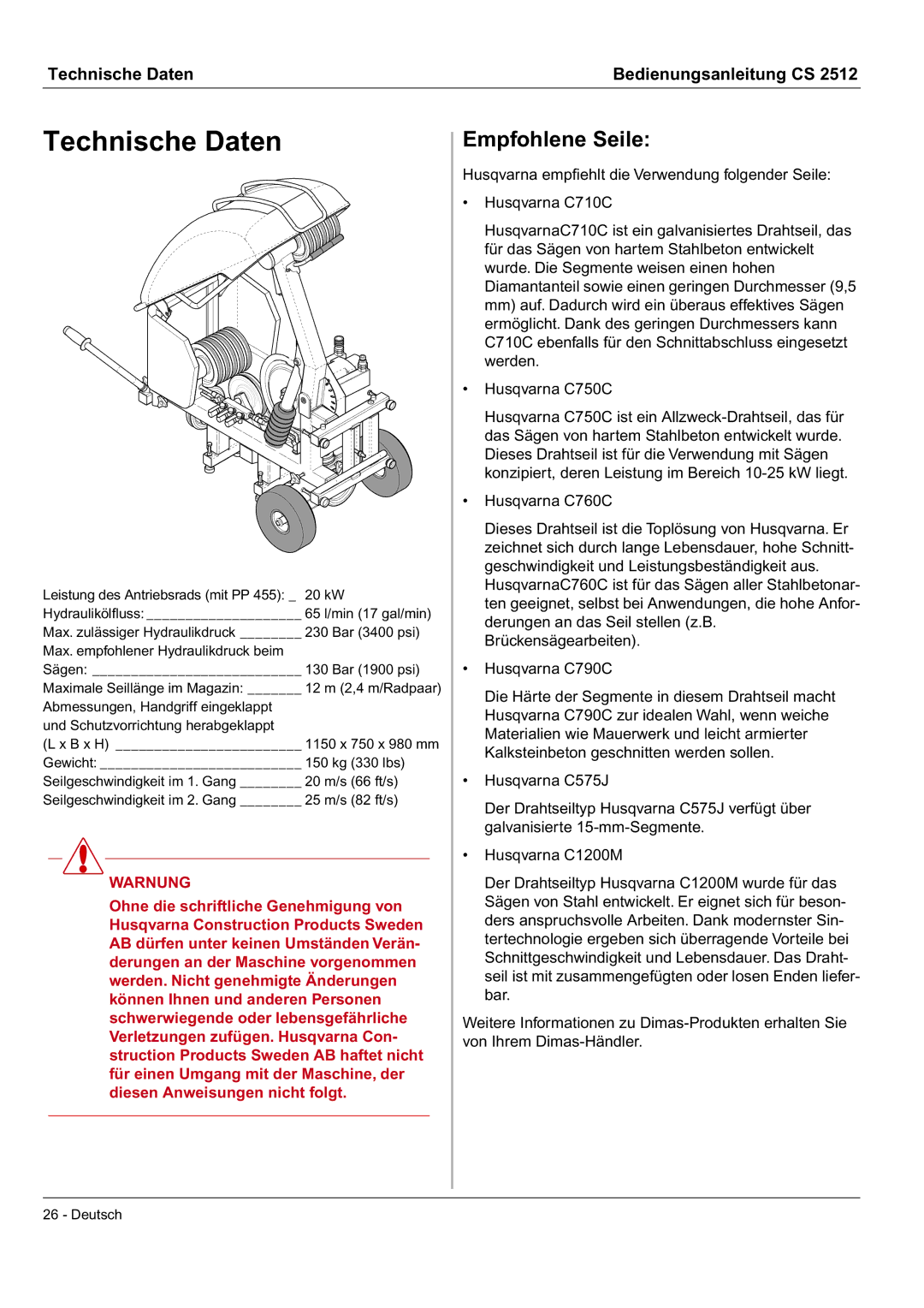 Husqvarna CS 2512 manual Technische Daten, Empfohlene Seile 