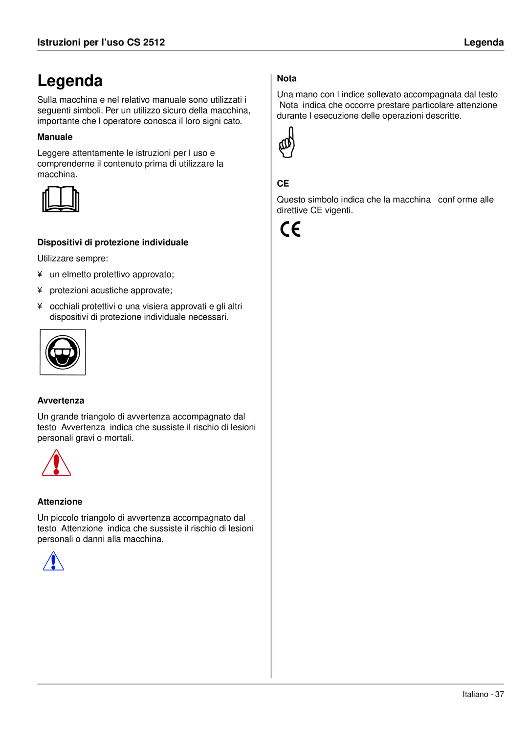 Husqvarna CS 2512 manual Manuale, Dispositivi di protezione individuale, Avvertenza, Attenzione, Nota 