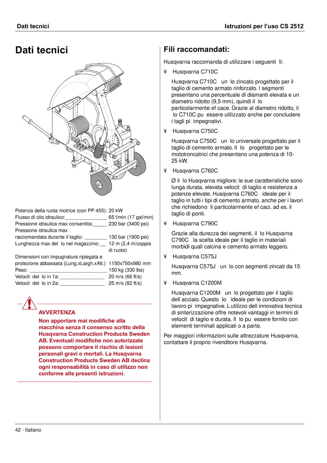 Husqvarna CS 2512 manual Dati tecnici, Fili raccomandati 