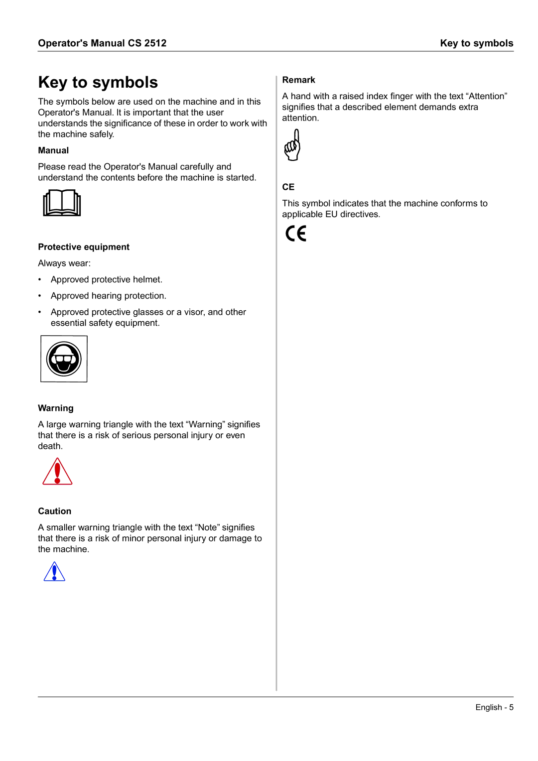 Husqvarna CS 2512 manual Key to symbols, Manual, Protective equipment, Remark 