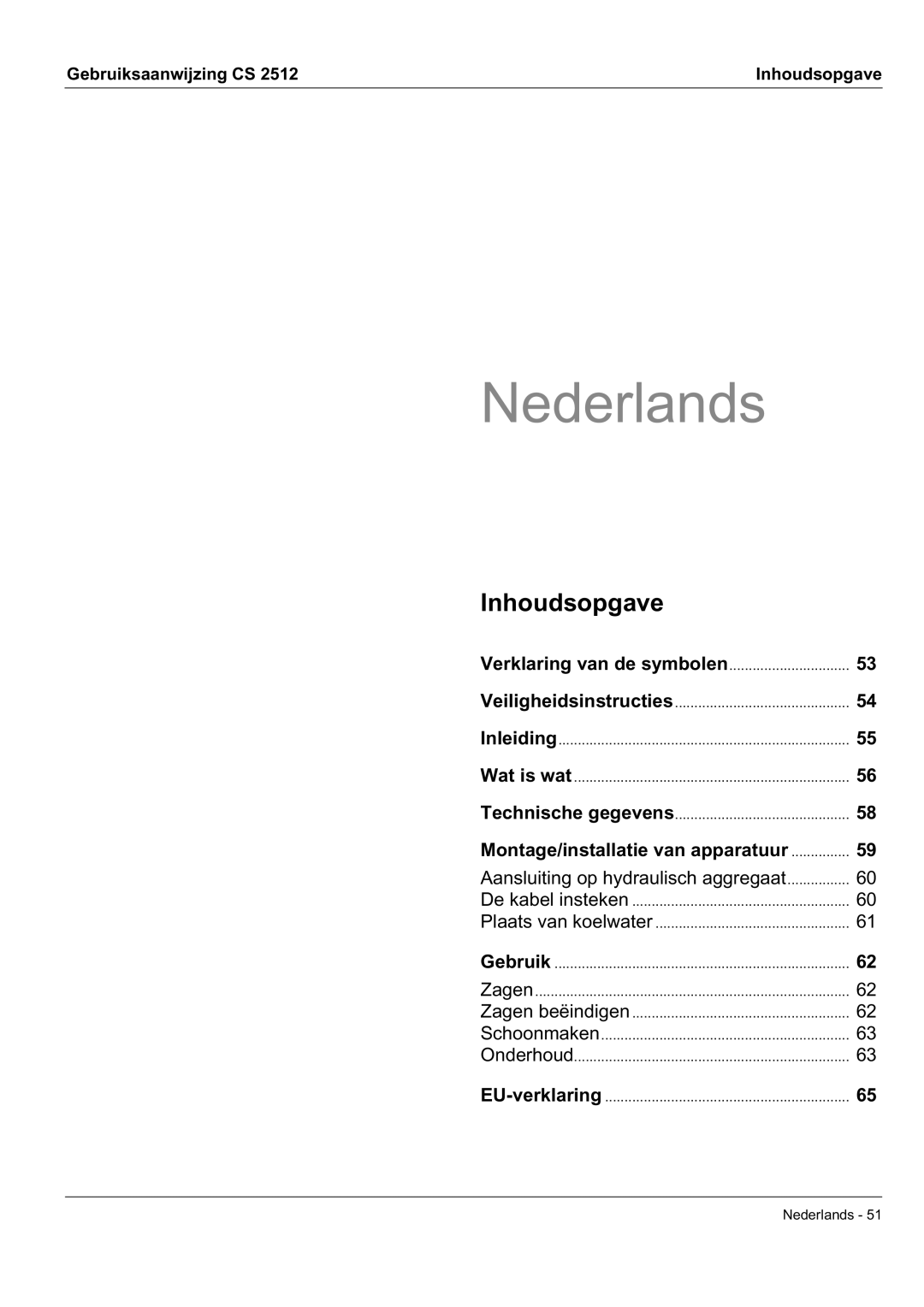 Husqvarna CS 2512 manual Nederlands, Inhoudsopgave 