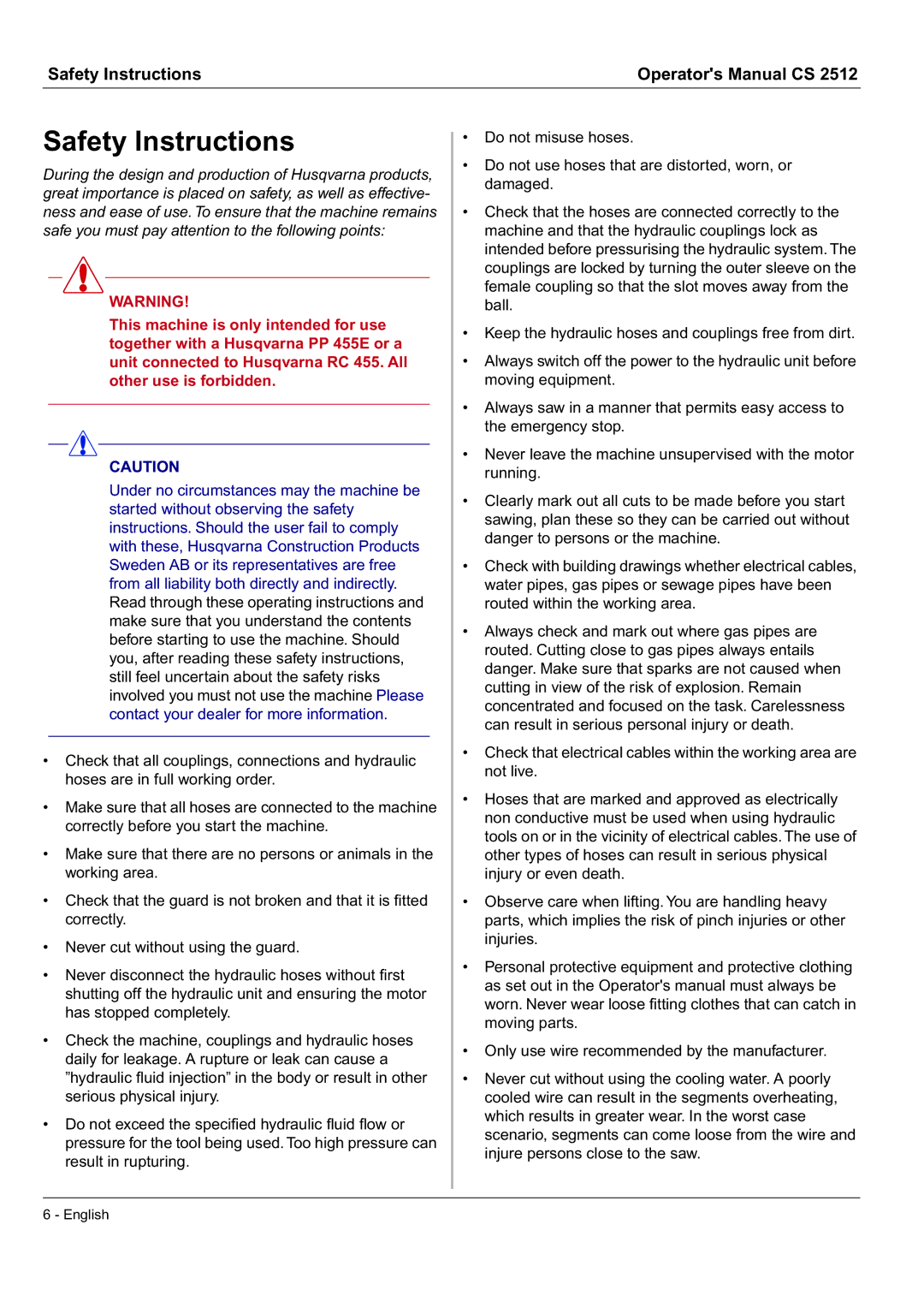 Husqvarna CS 2512 manual Safety Instructions 