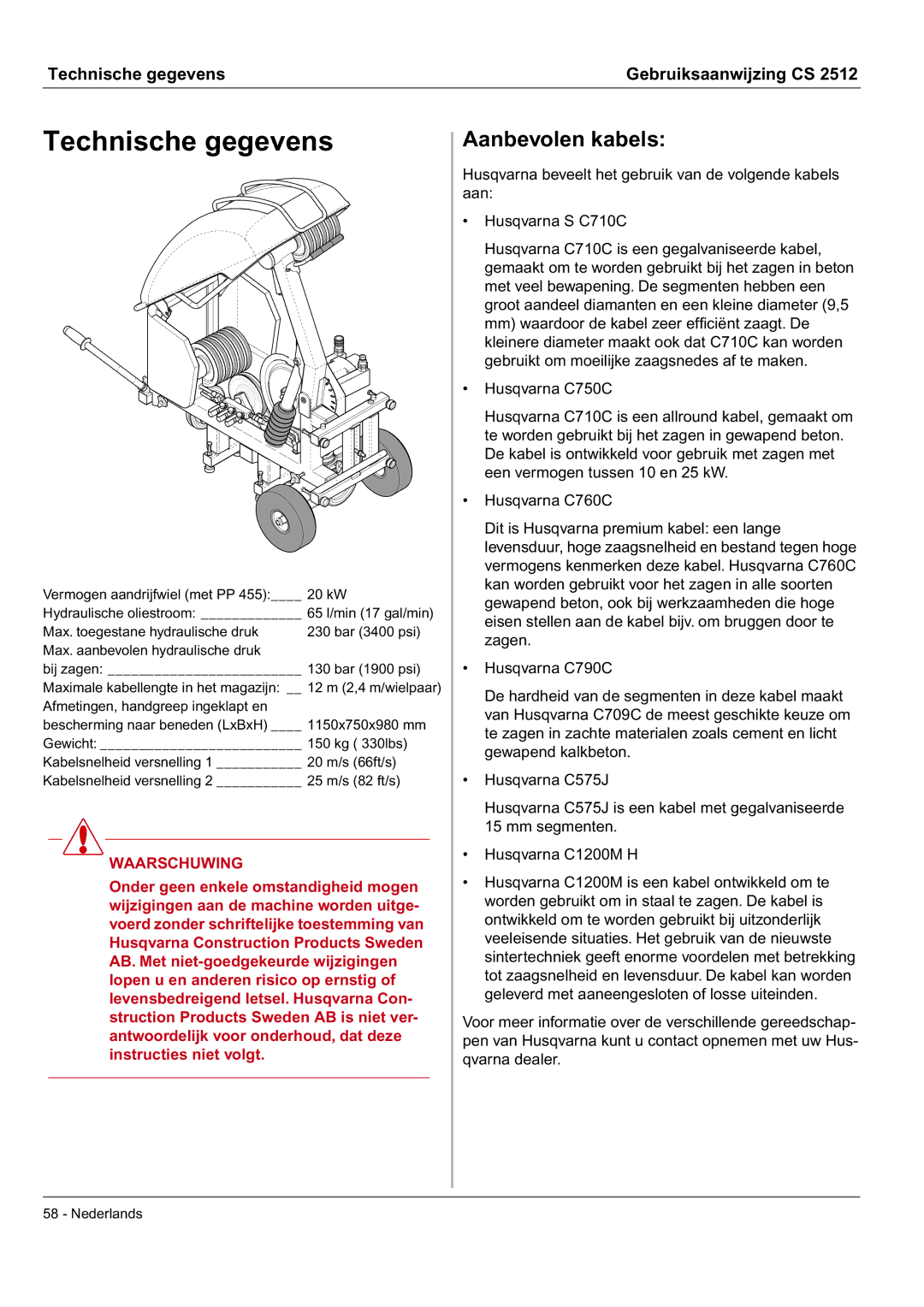 Husqvarna CS 2512 manual Technische gegevens, Aanbevolen kabels 