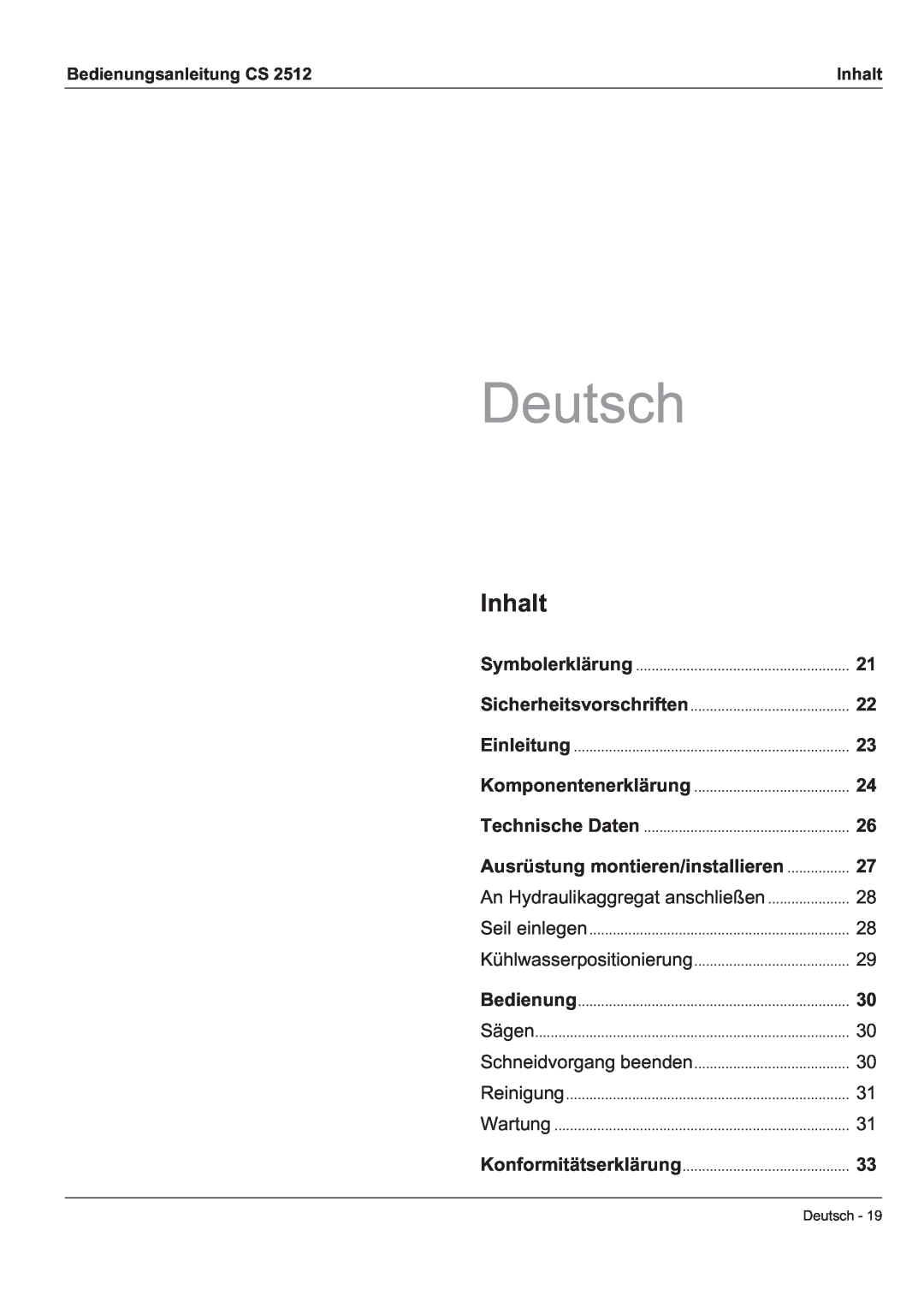 Husqvarna CS 2512 manual Deutsch, Inhalt 