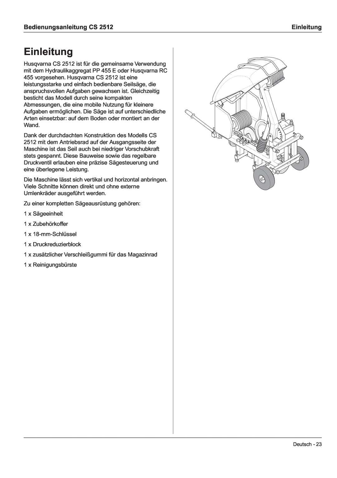 Husqvarna CS 2512 manual Einleitung, Bedienungsanleitung CS 