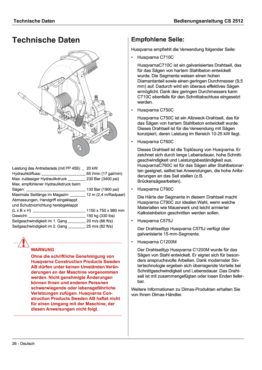 Husqvarna CS 2512 manual Technische Daten, Empfohlene Seile, Bedienungsanleitung CS, Warnung 
