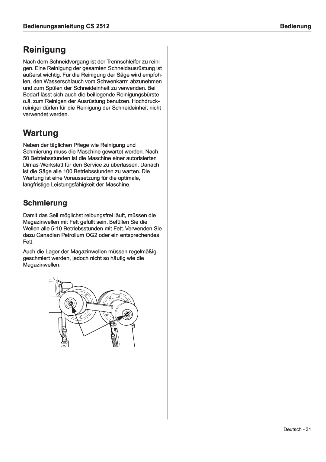 Husqvarna CS 2512 manual Reinigung, Wartung, Schmierung, Bedienungsanleitung CS 