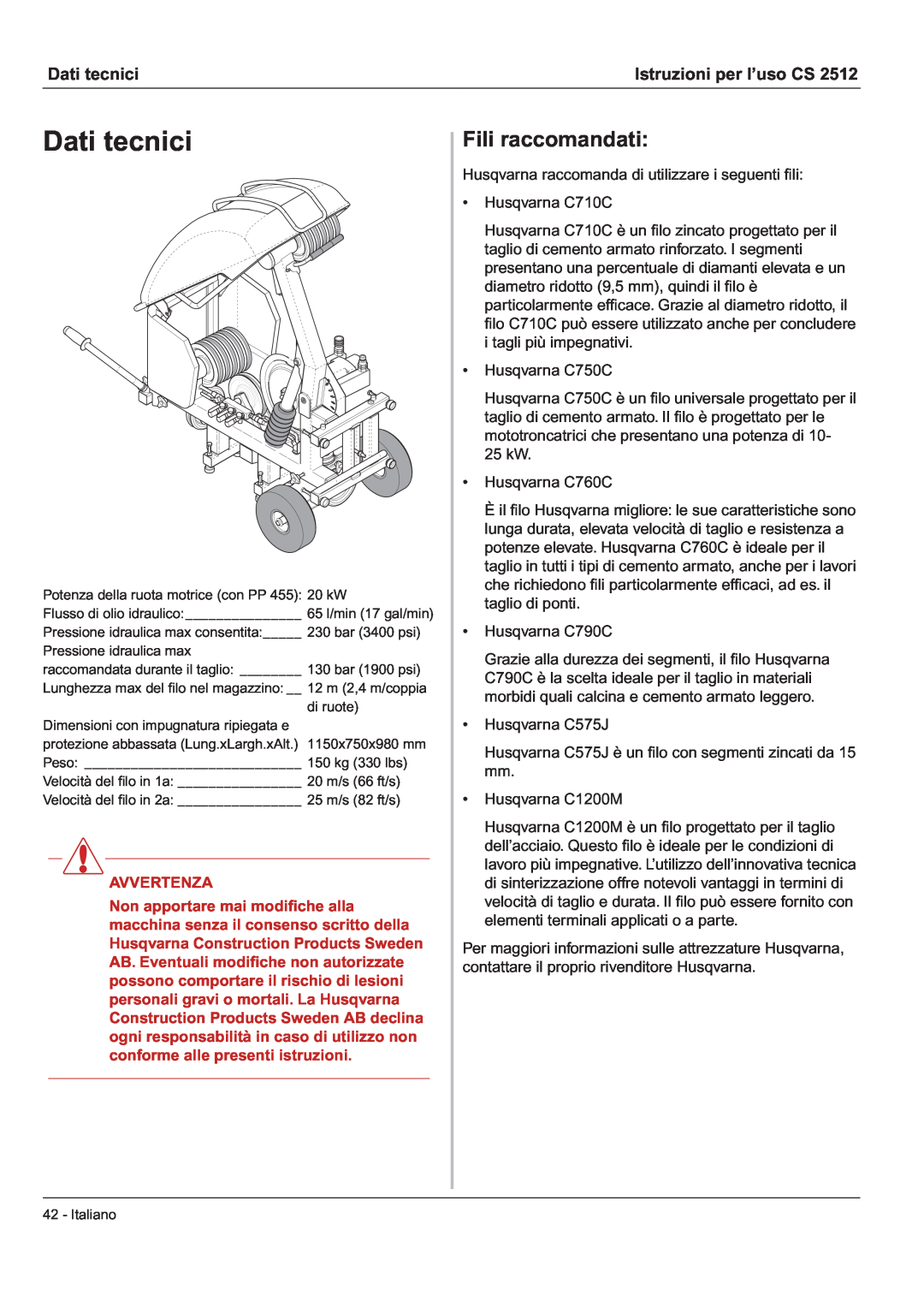 Husqvarna CS 2512 manual Dati tecnici, Fili raccomandati, Istruzioni per l’uso CS, Avvertenza 