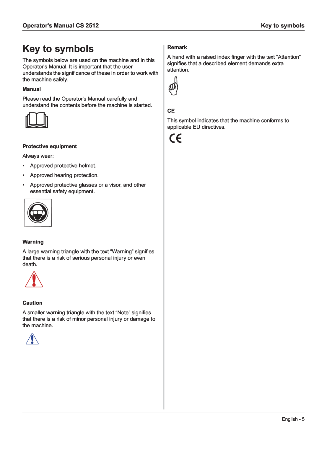 Husqvarna CS 2512 manual Key to symbols, Operators Manual CS 