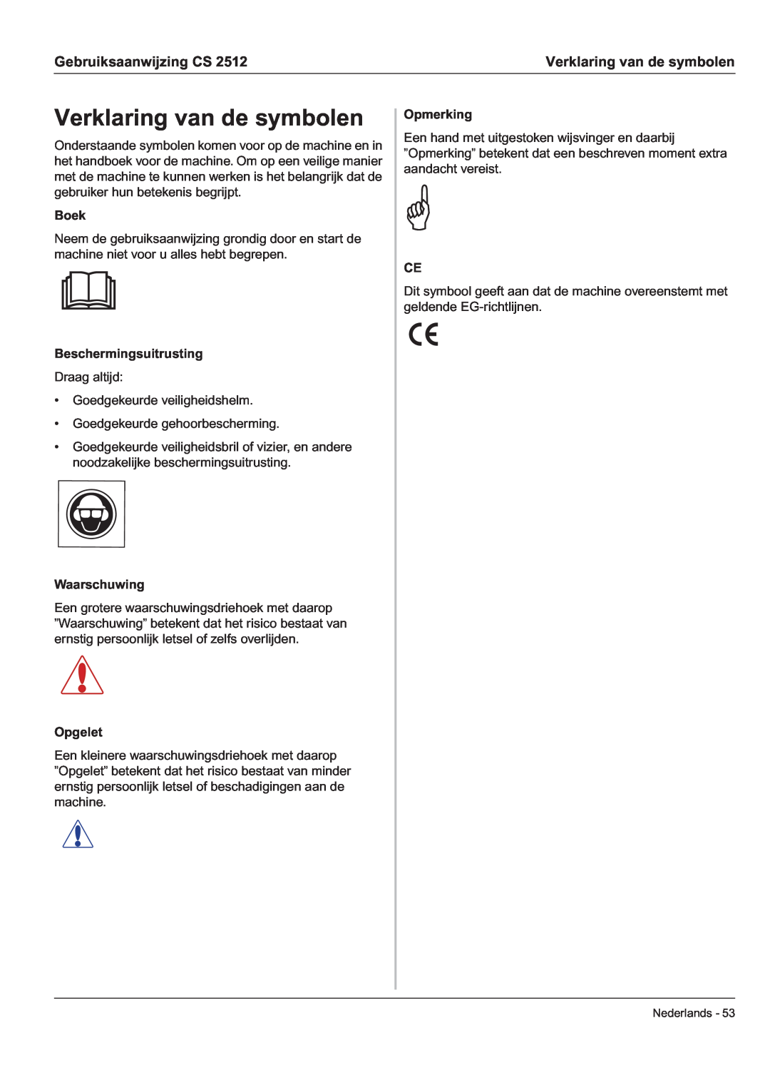 Husqvarna CS 2512 manual Verklaring van de symbolen, Gebruiksaanwijzing CS 