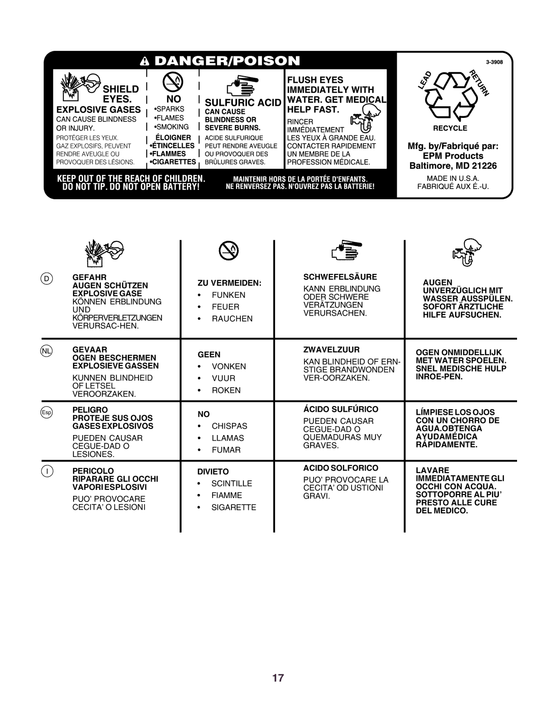 Husqvarna CT130 instruction manual Gefahr ZU Vermeiden Schwefelsäure Augen Augen Schützen 