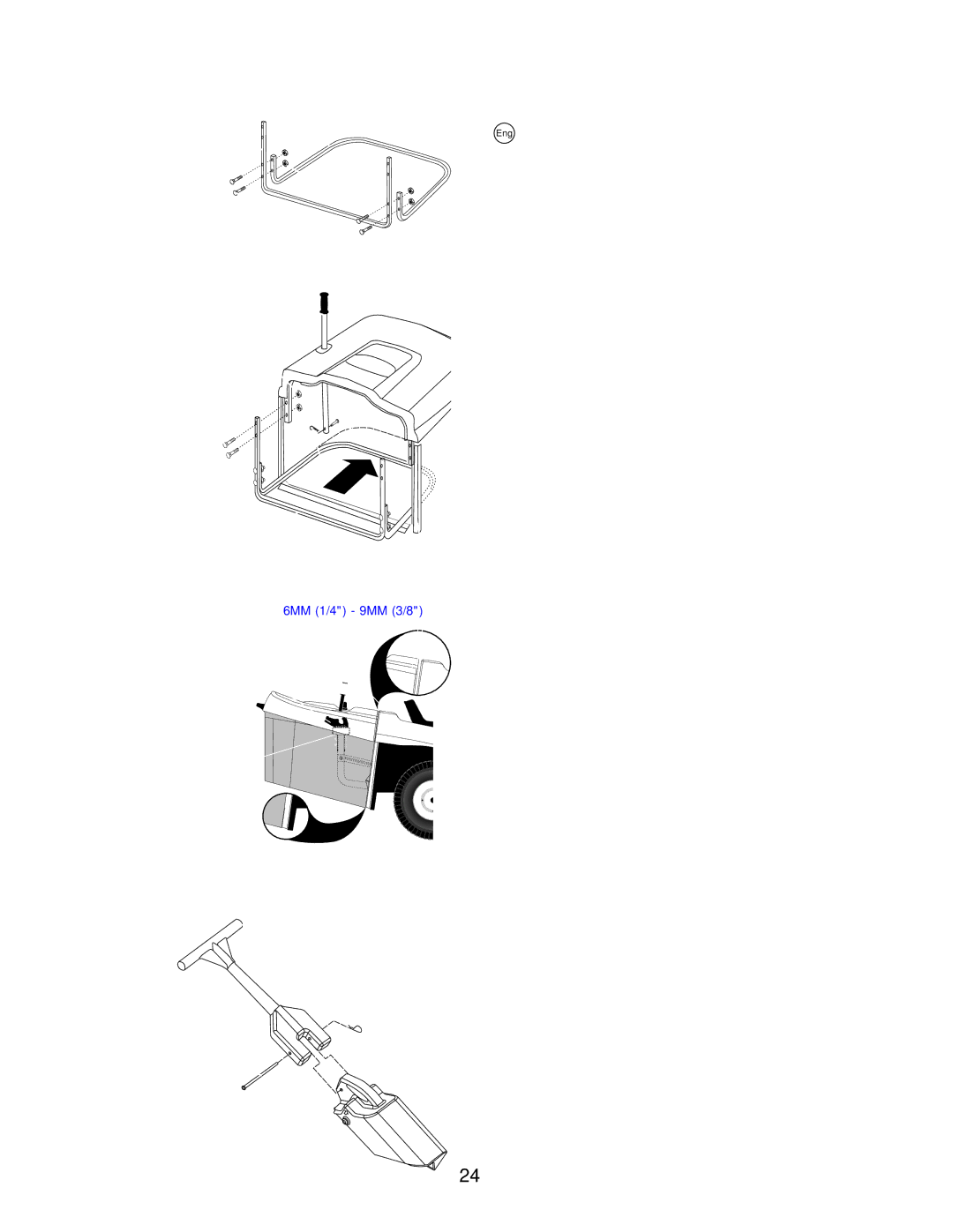 Husqvarna CT130 instruction manual Eng To Assemble Bagger, Bagger adjustment, Horizontal adjustment, Vertical adjustment 