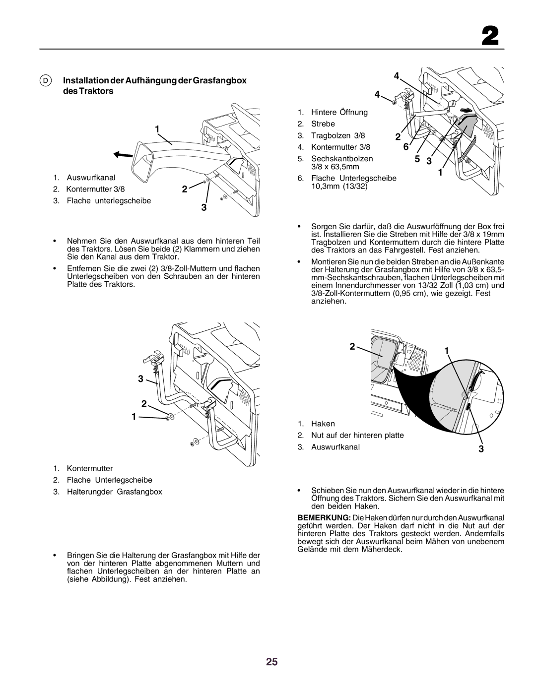 Husqvarna CT130 instruction manual Installation der Aufhängung der Grasfangbox des Traktors 