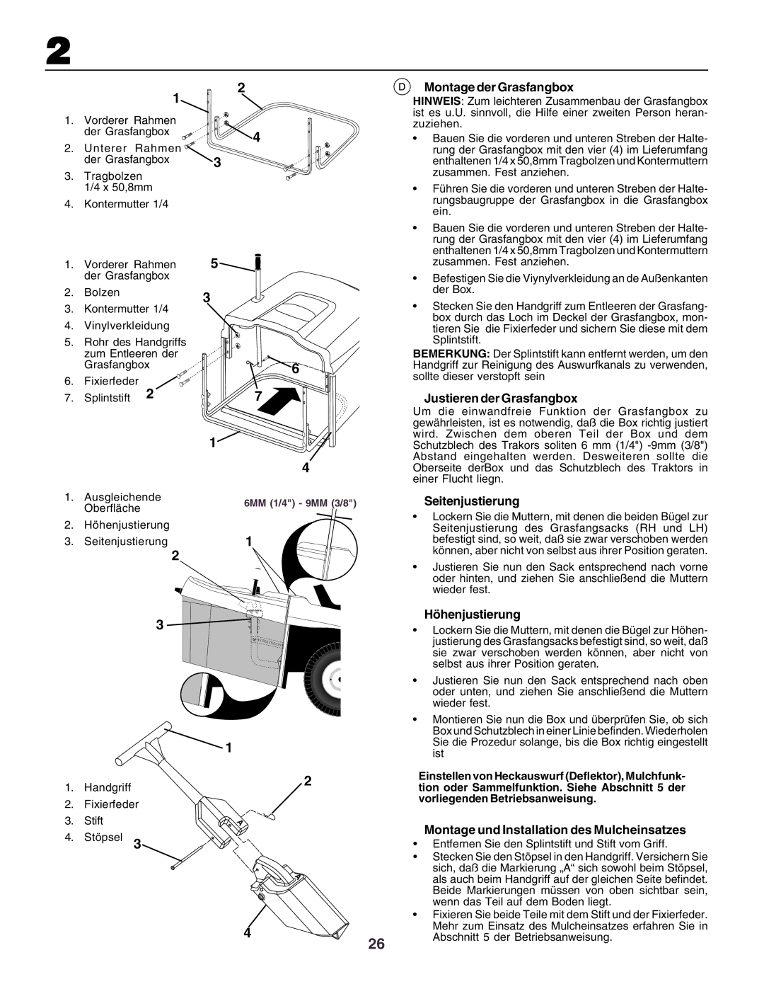 Husqvarna CT130 instruction manual Montage der Grasfangbox, Justieren der Grasfangbox, Seitenjustierung, Höhenjustierung 