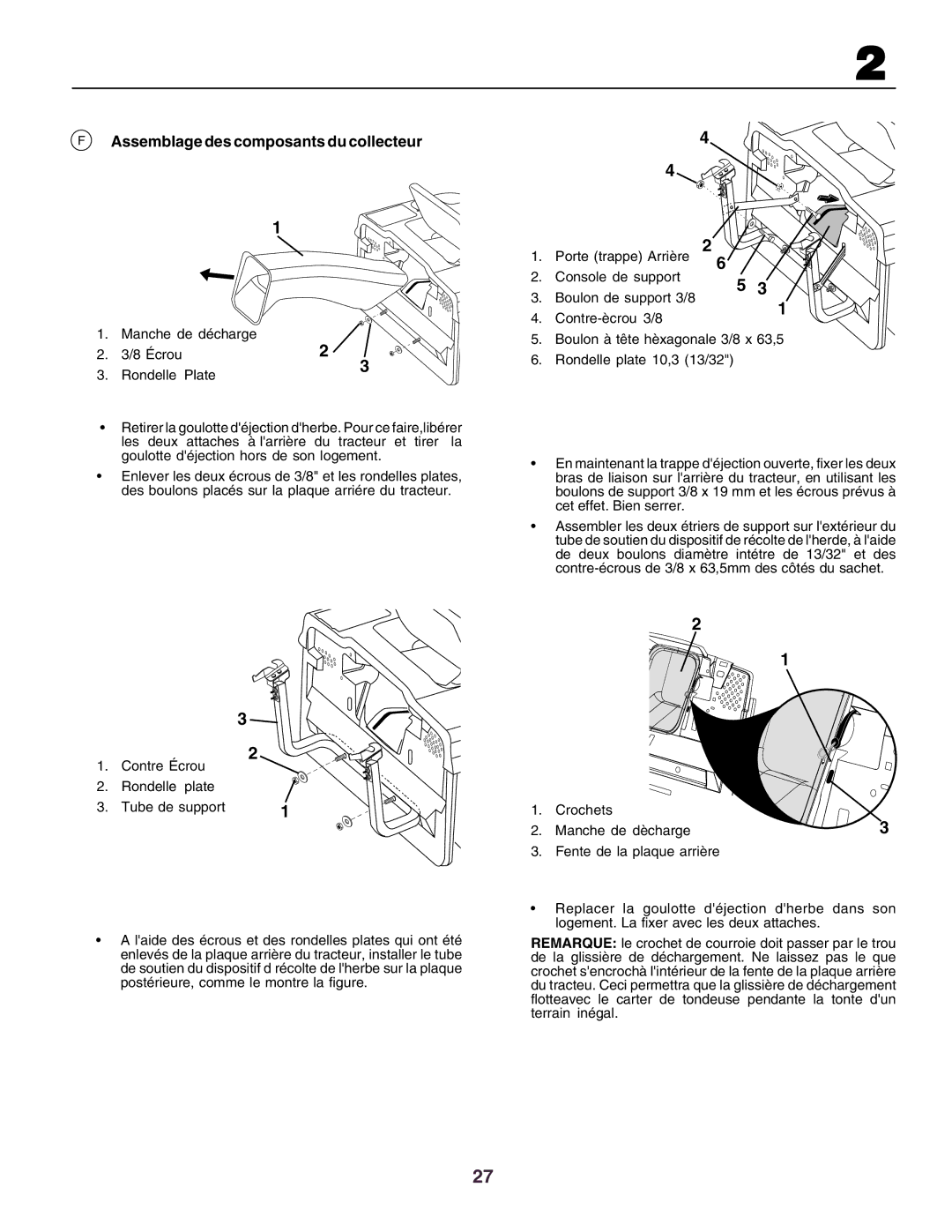 Husqvarna CT130 instruction manual Assemblage des composants du collecteur 