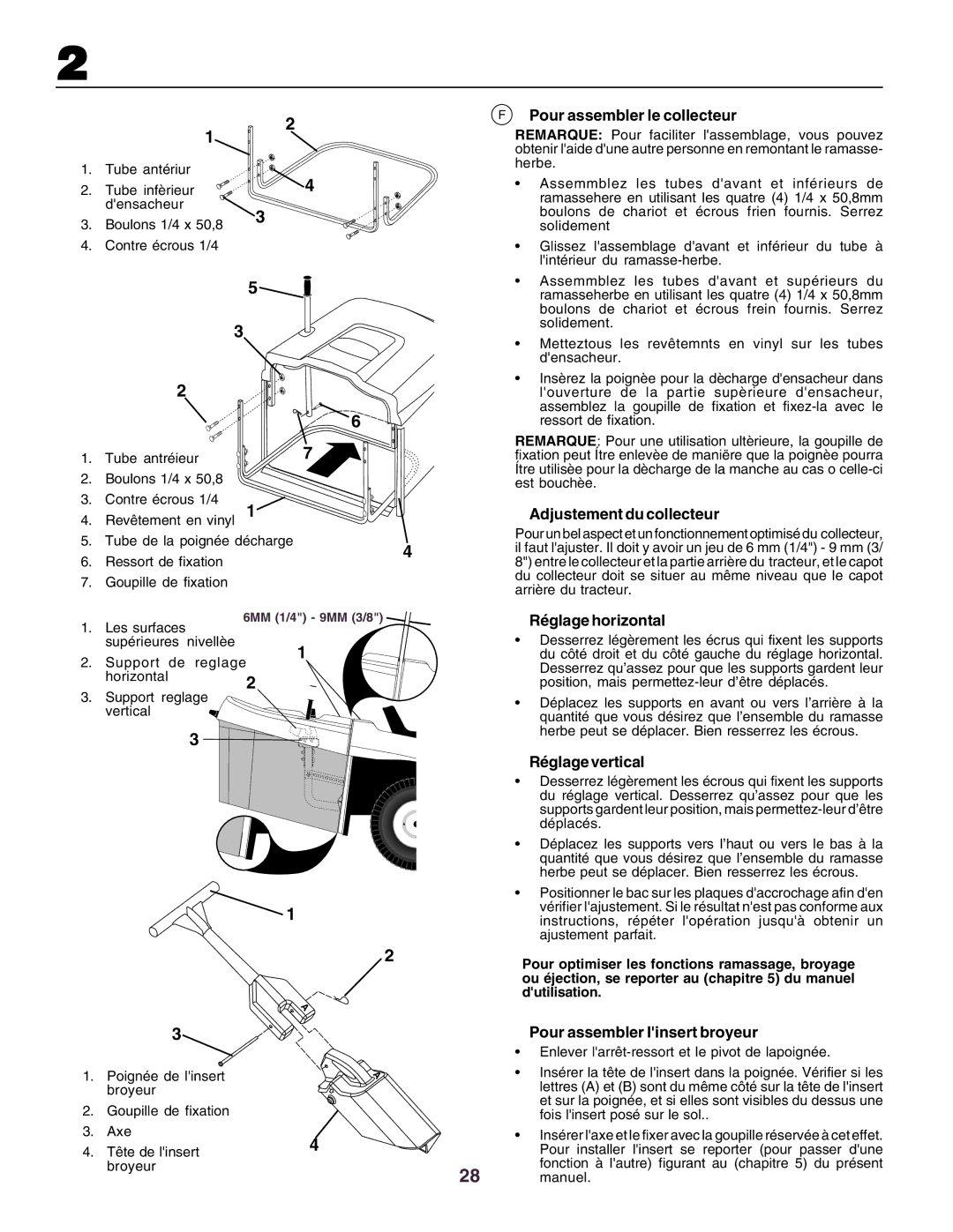 Husqvarna CT130 Pour assembler le collecteur, Adjustement du collecteur, Réglage horizontal, Réglage vertical 