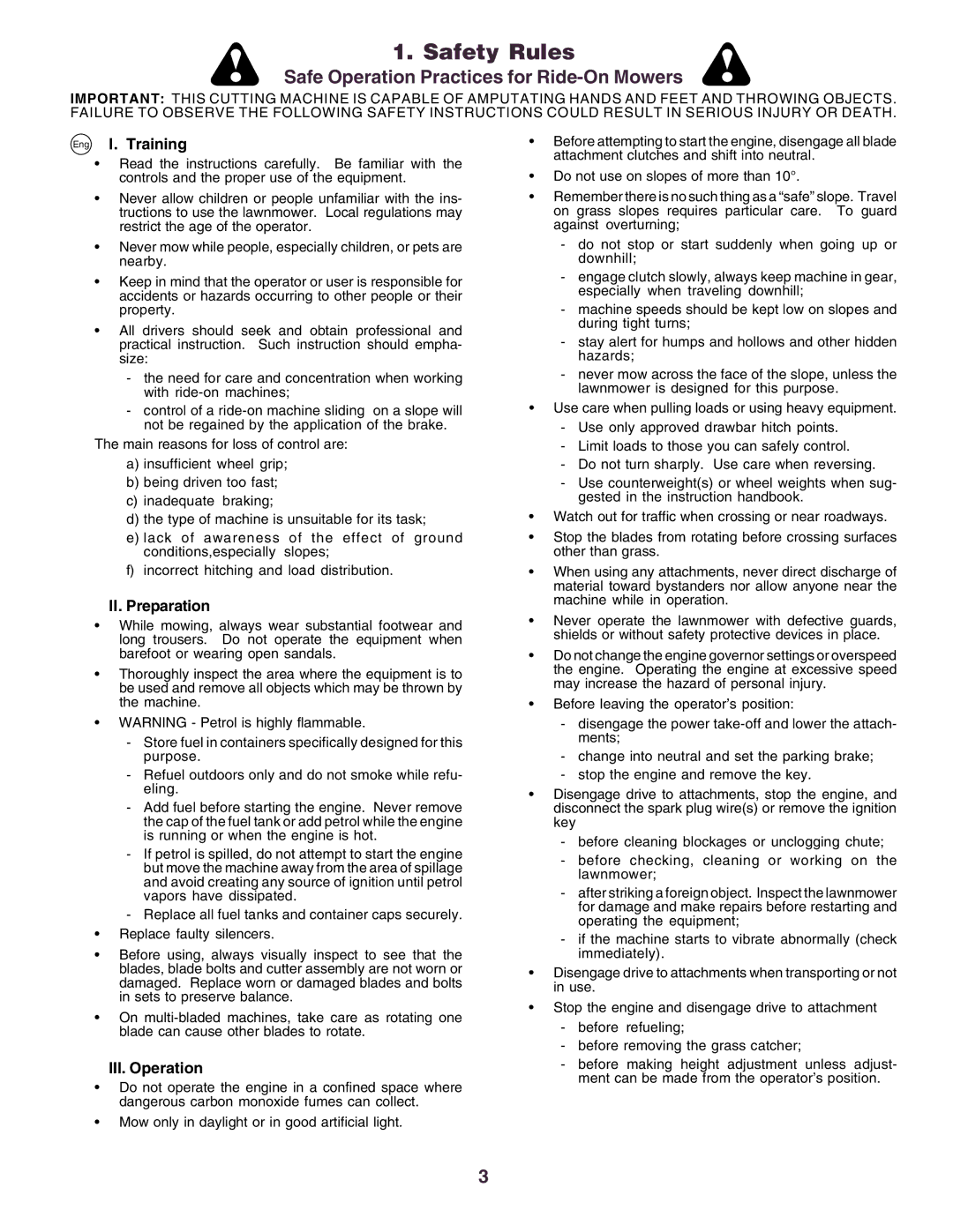 Husqvarna CT130 instruction manual Safety Rules, Eng I. Training, II. Preparation, III. Operation 