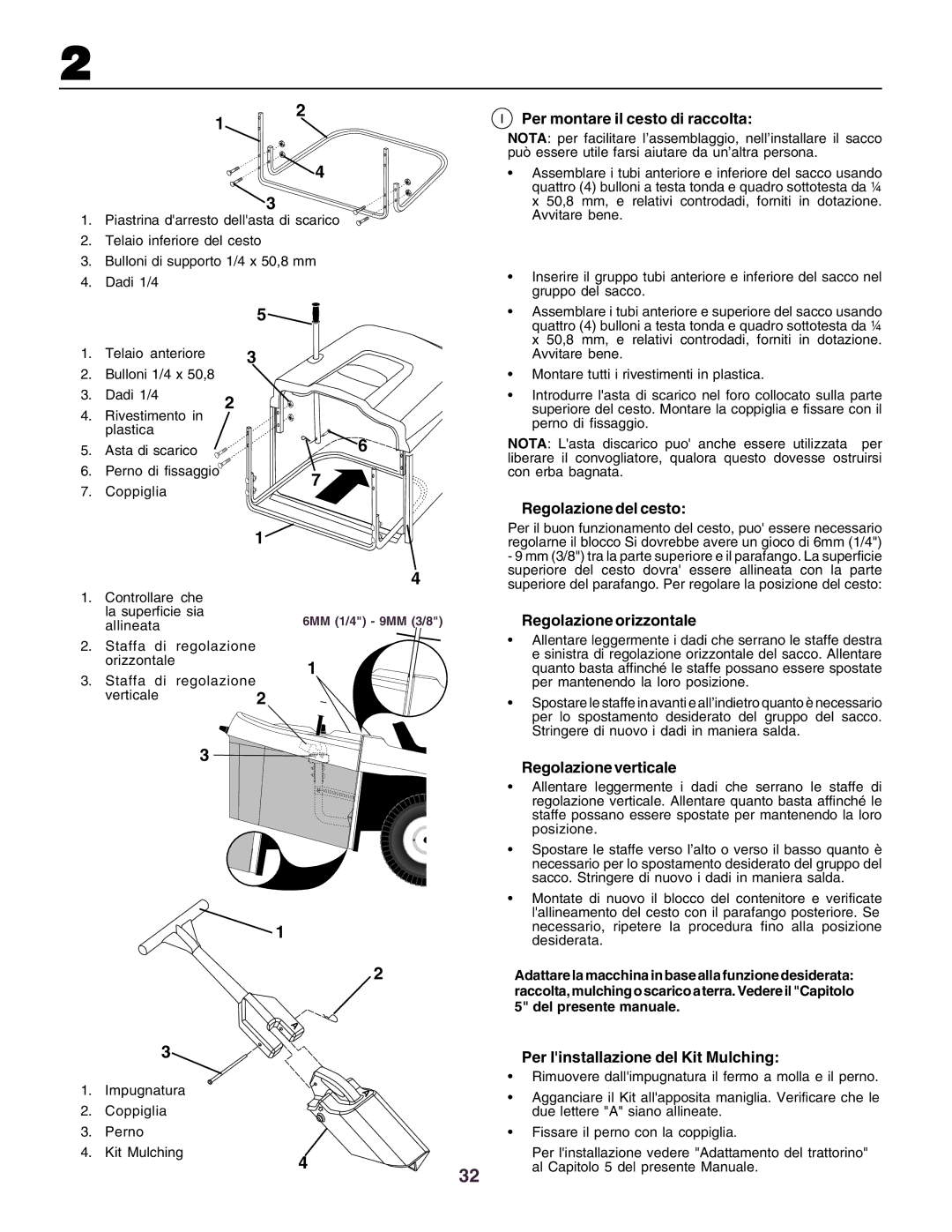 Husqvarna CT130 Per montare il cesto di raccolta, Regolazione del cesto, Regolazione orizzontale, Regolazione verticale 