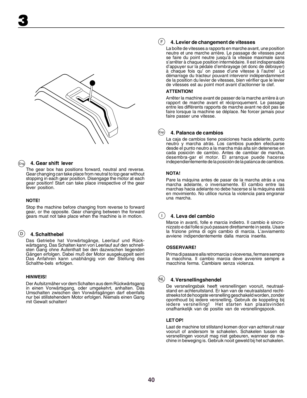 Husqvarna CT130 instruction manual Eng 4. Gear shift lever, Schalthebel, Levier de changement de vitesses, Leva del cambio 