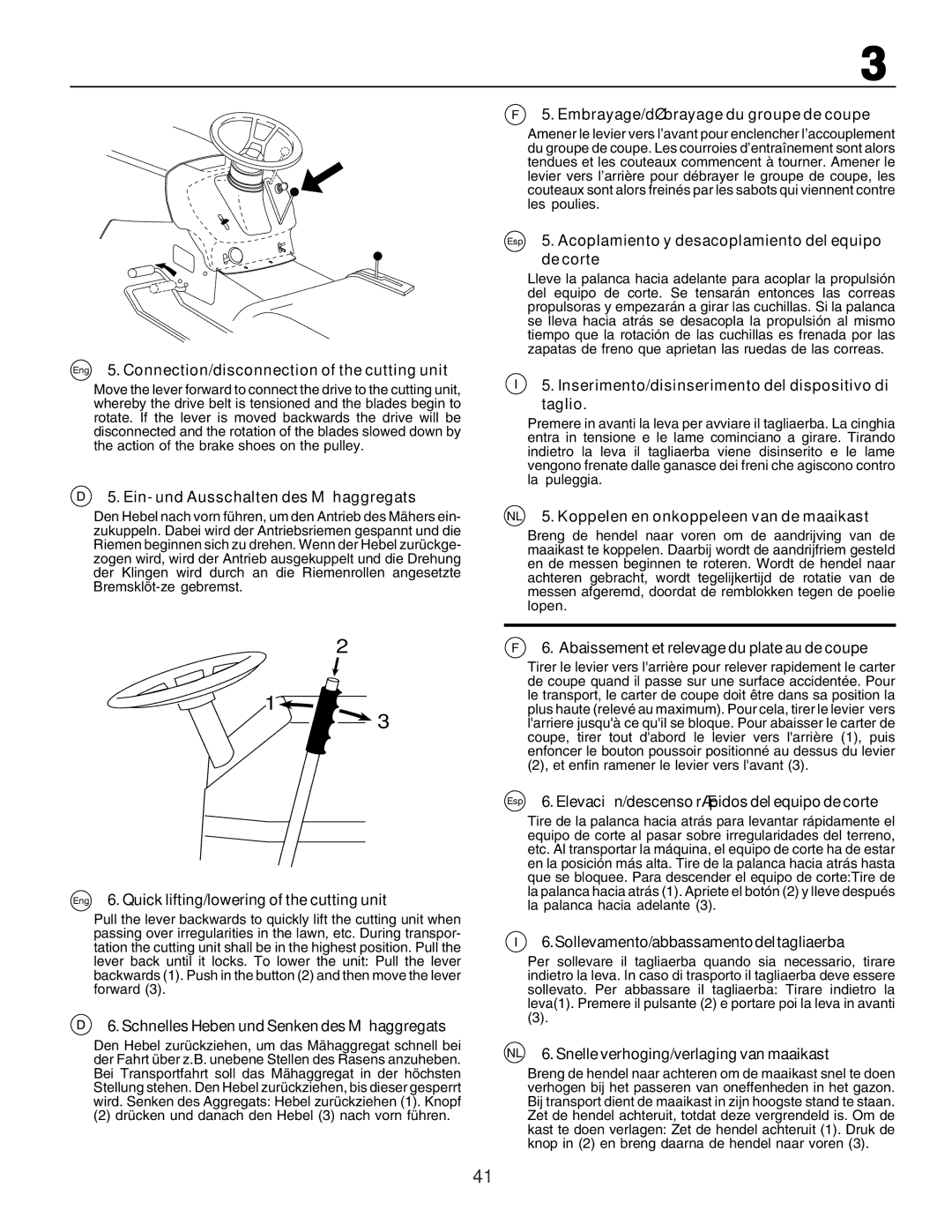 Husqvarna CT130 Eng 5. Connection/disconnection of the cutting unit, Ein- und Ausschalten des Mähaggregats 