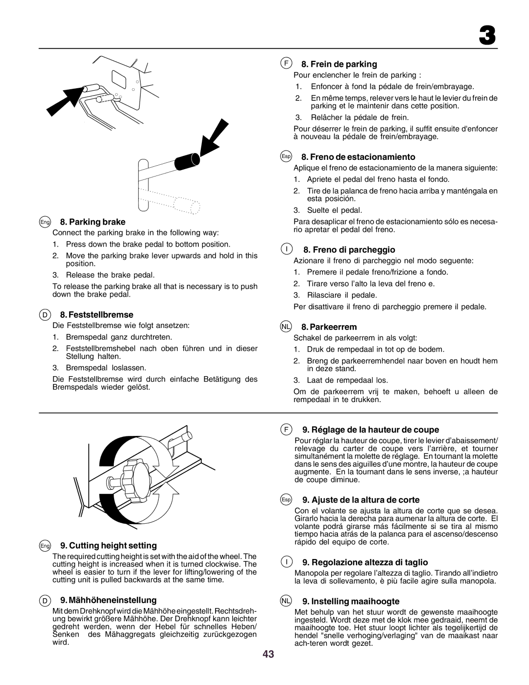 Husqvarna CT130 Eng 8. Parking brake, Feststellbremse Frein de parking, Esp 8. Freno de estacionamiento, NL 8. Parkeerrem 