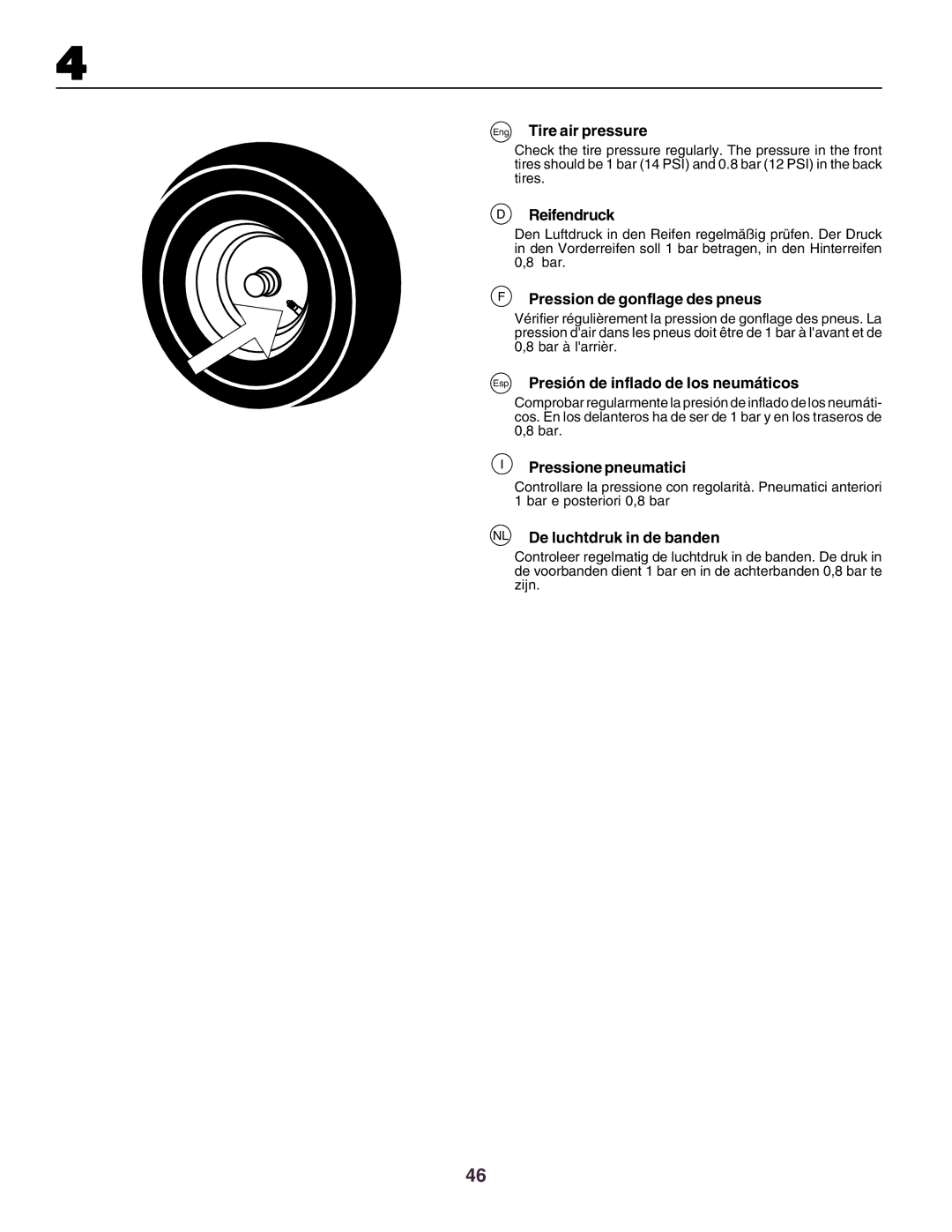 Husqvarna CT130 instruction manual Eng Tire air pressure, Reifendruck, Pression de gonflage des pneus, Pressione pneumatici 