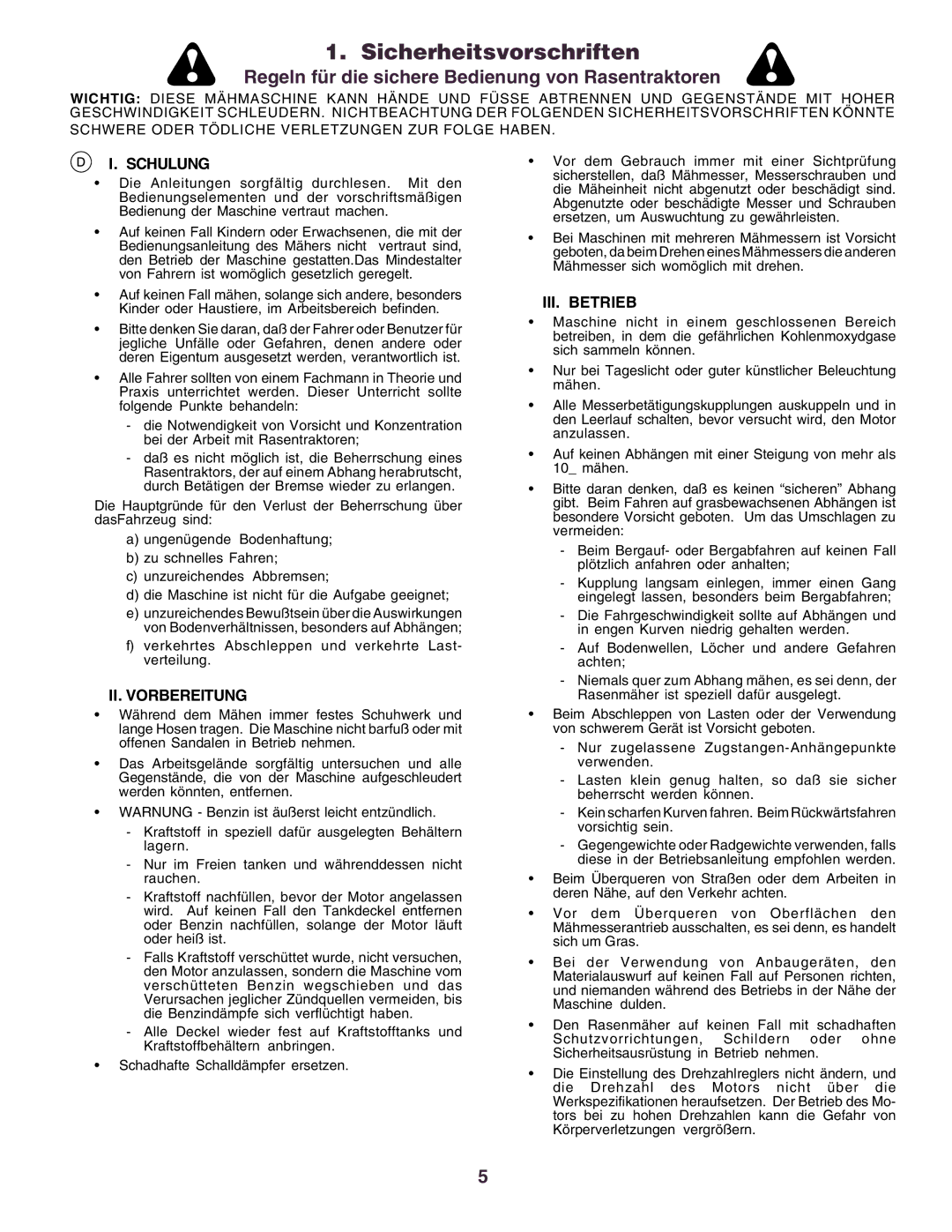 Husqvarna CT130 instruction manual Sicherheitsvorschriften, Schulung, II. Vorbereitung, III. Betrieb 