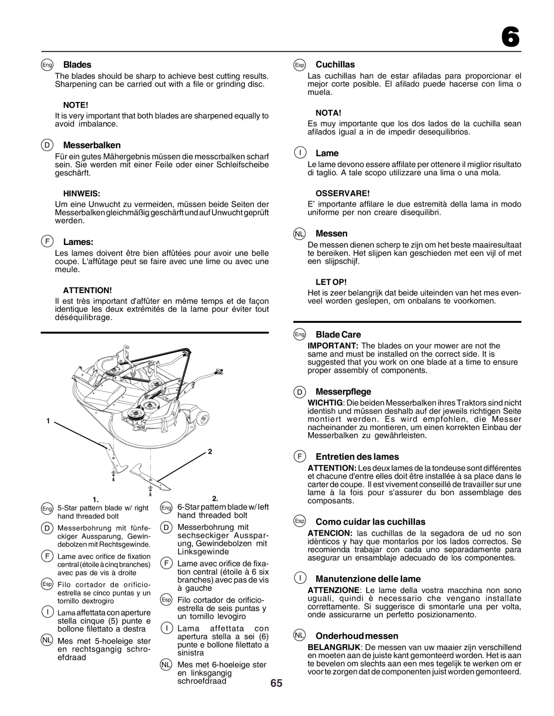 Husqvarna CT130 instruction manual Eng Blades, Messerbalken, Lames, Esp Cuchillas, NL Messen, Eng Blade Care, Messerpflege 