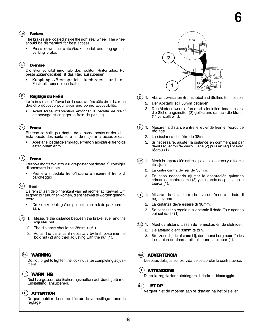 Husqvarna CT130 instruction manual Eng Brakes, Bremse, Reglage du Frein, Esp Freno 