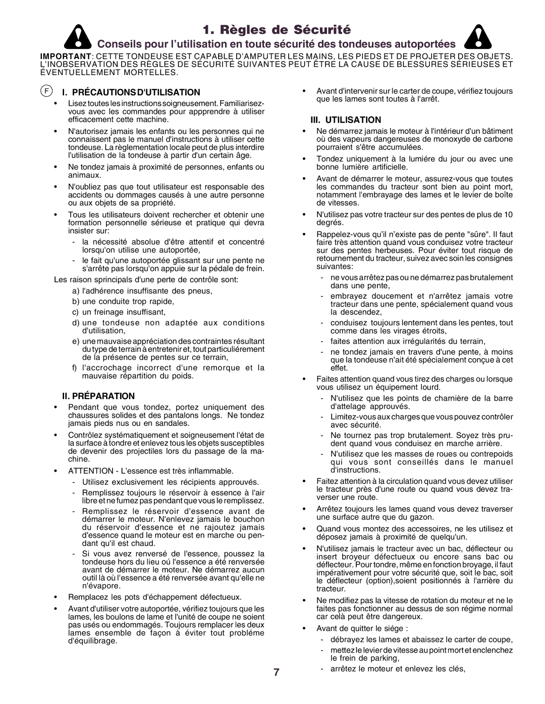 Husqvarna CT130 instruction manual Règles de Sécurité, Précautions Dutilisation, II. Préparation, III. Utilisation 