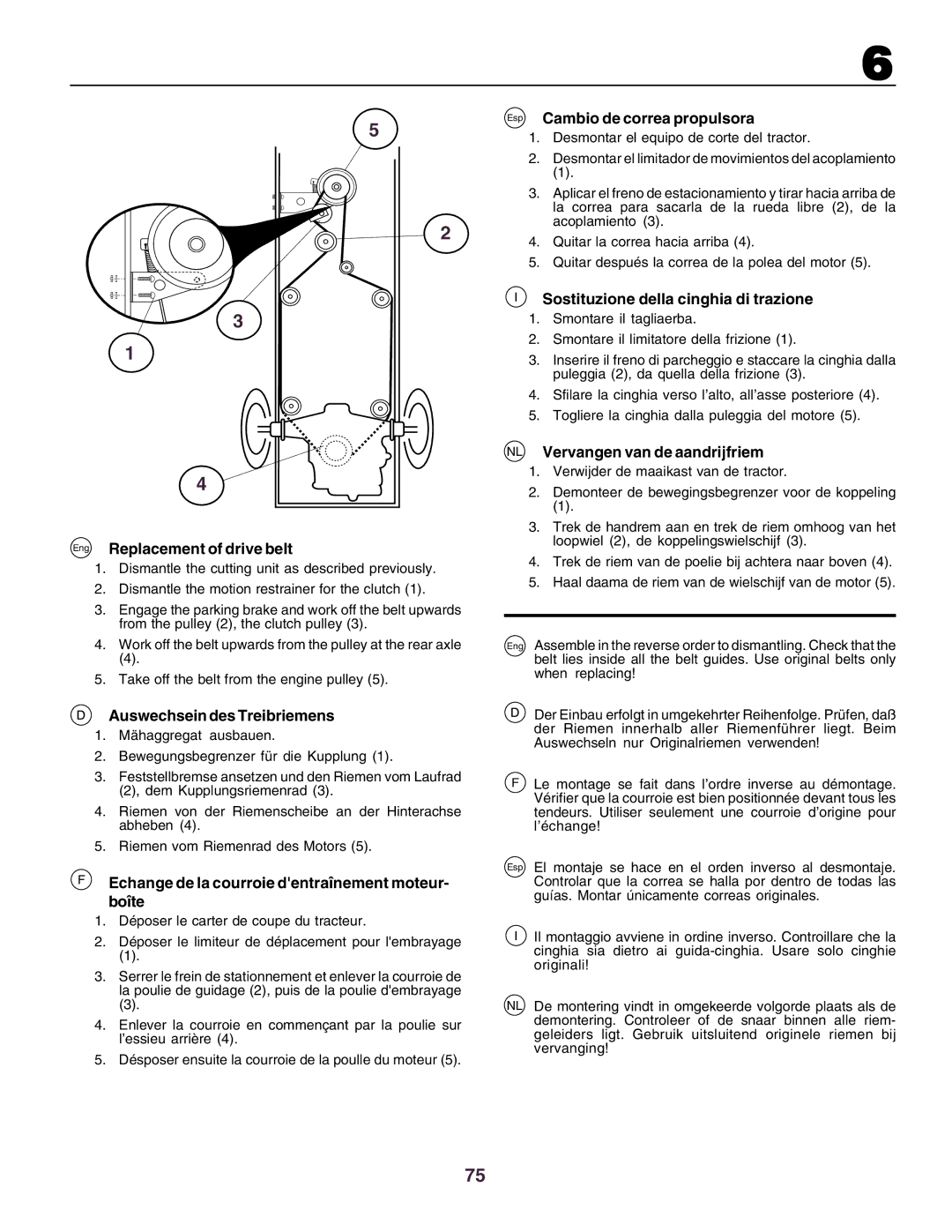 Husqvarna CT130 Eng Replacement of drive belt, Auswechsein des Treibriemens, Esp Cambio de correa propulsora 