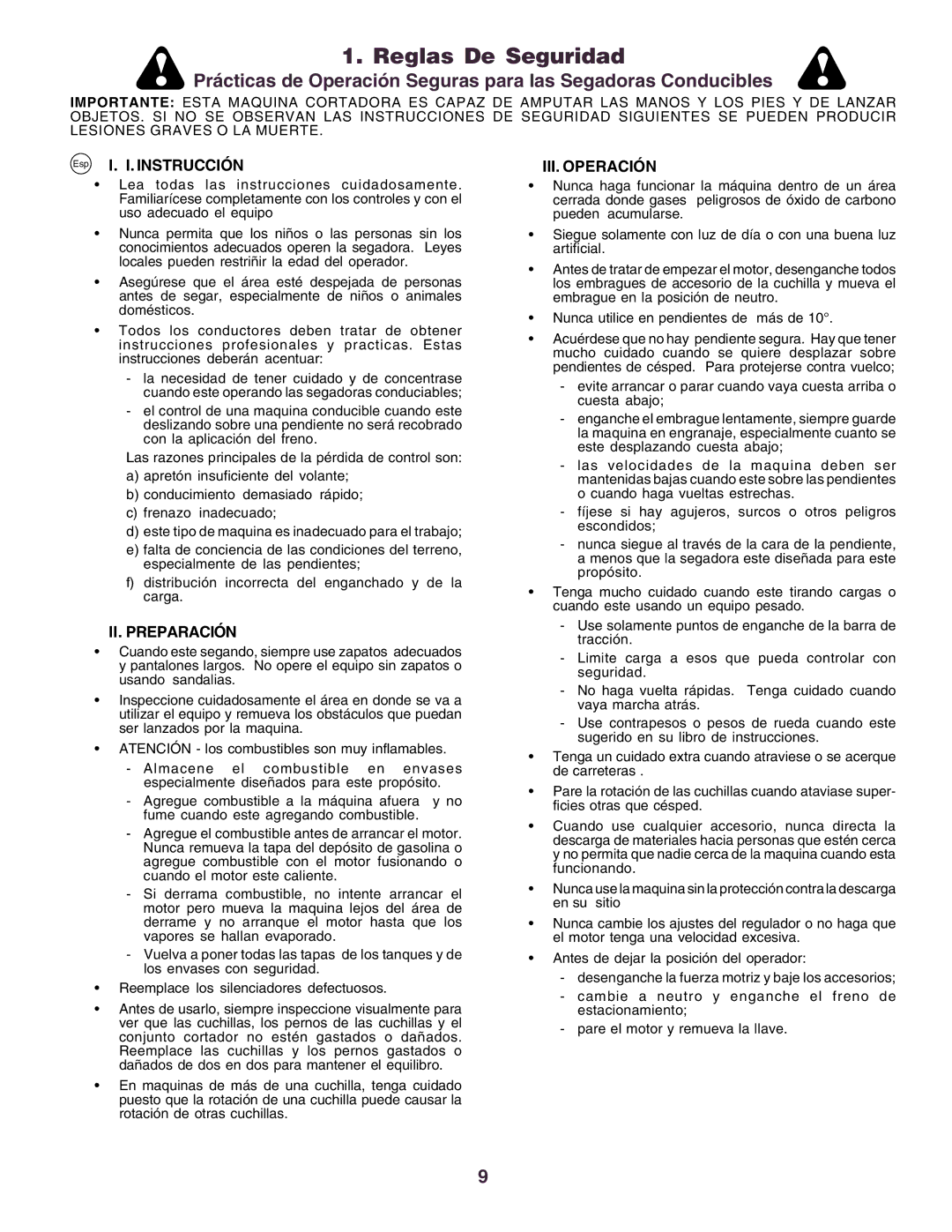 Husqvarna CT130 instruction manual Reglas De Seguridad, Instrucción III. Operación, II. Preparación 