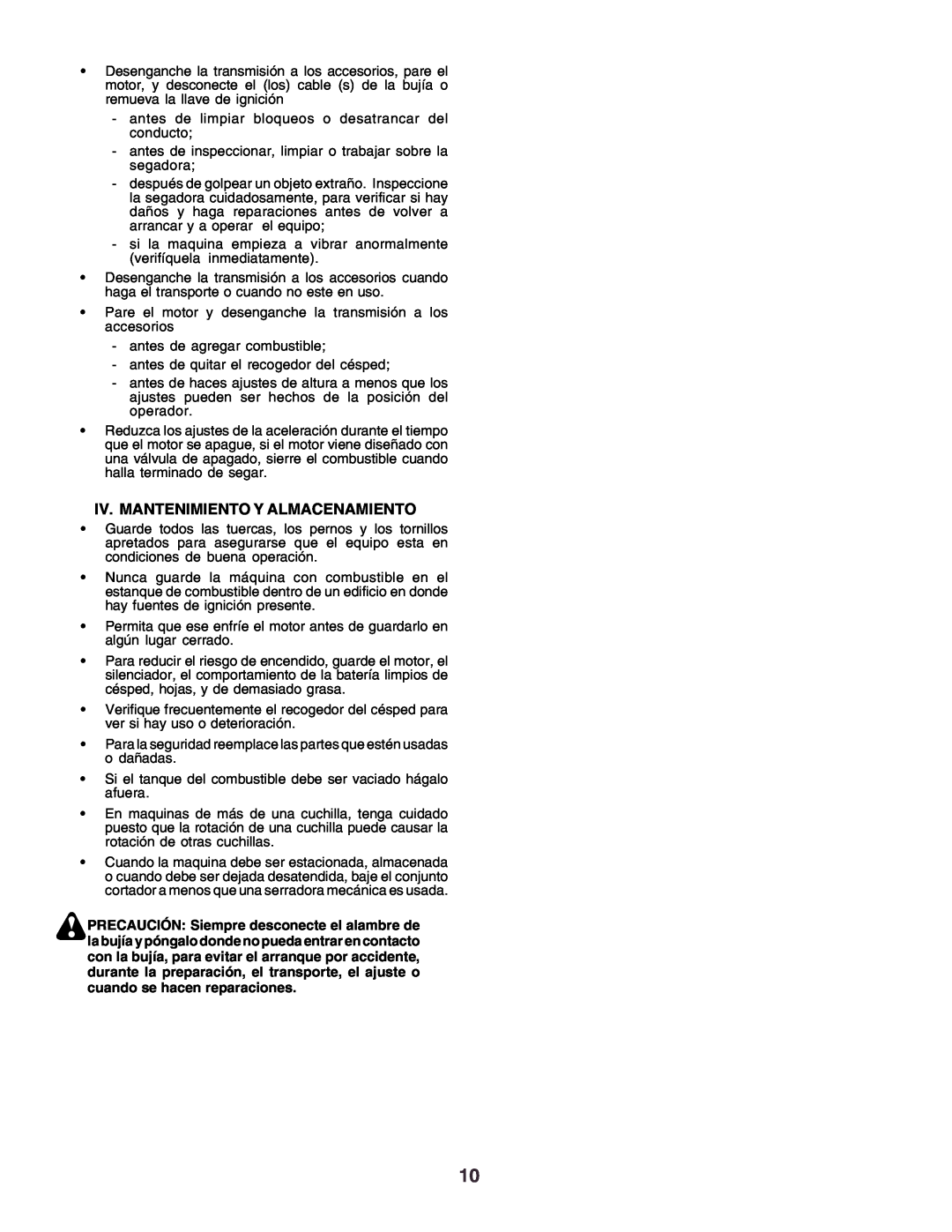 Husqvarna CT130 instruction manual Iv. Mantenimiento Y Almacenamiento 