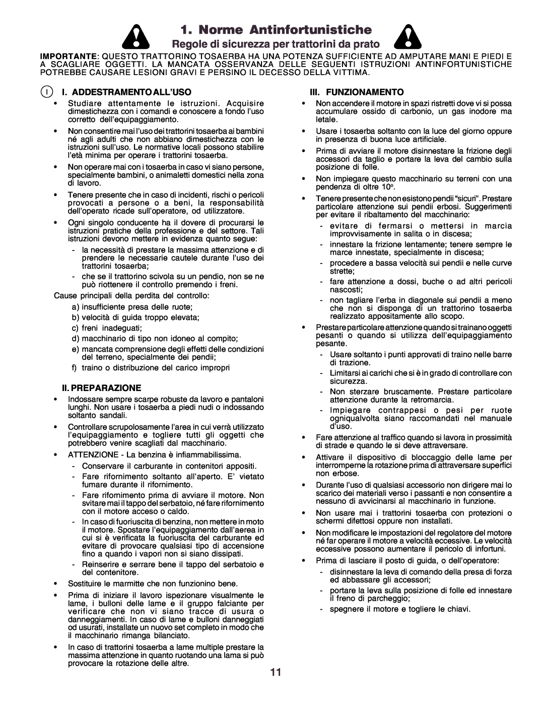 Husqvarna CT130 Norme Antinfortunistiche, Regole di sicurezza per trattorini da prato, I. Addestramento All’Uso 