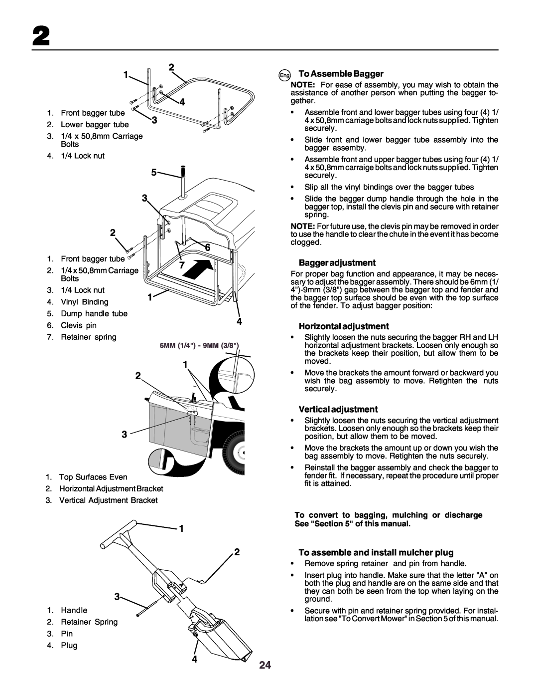 Husqvarna CT130 instruction manual Eng To Assemble Bagger, Bagger adjustment, Horizontal adjustment, Vertical adjustment 