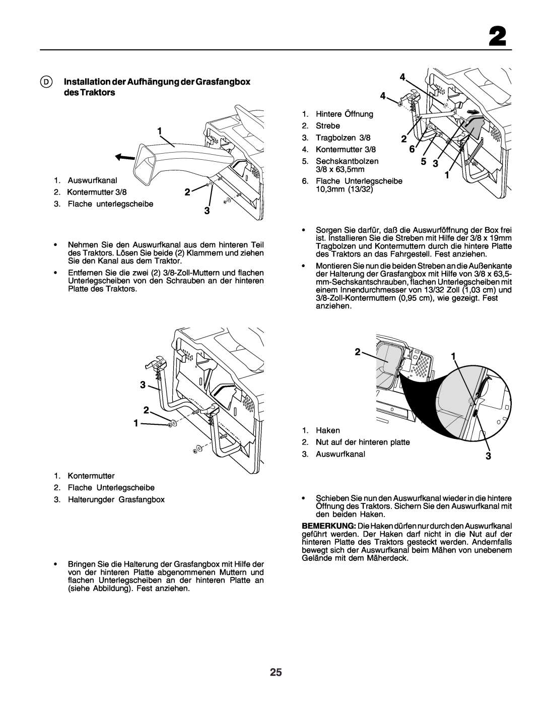 Husqvarna CT130 instruction manual Installation der Aufhängung der Grasfangbox des Traktors 