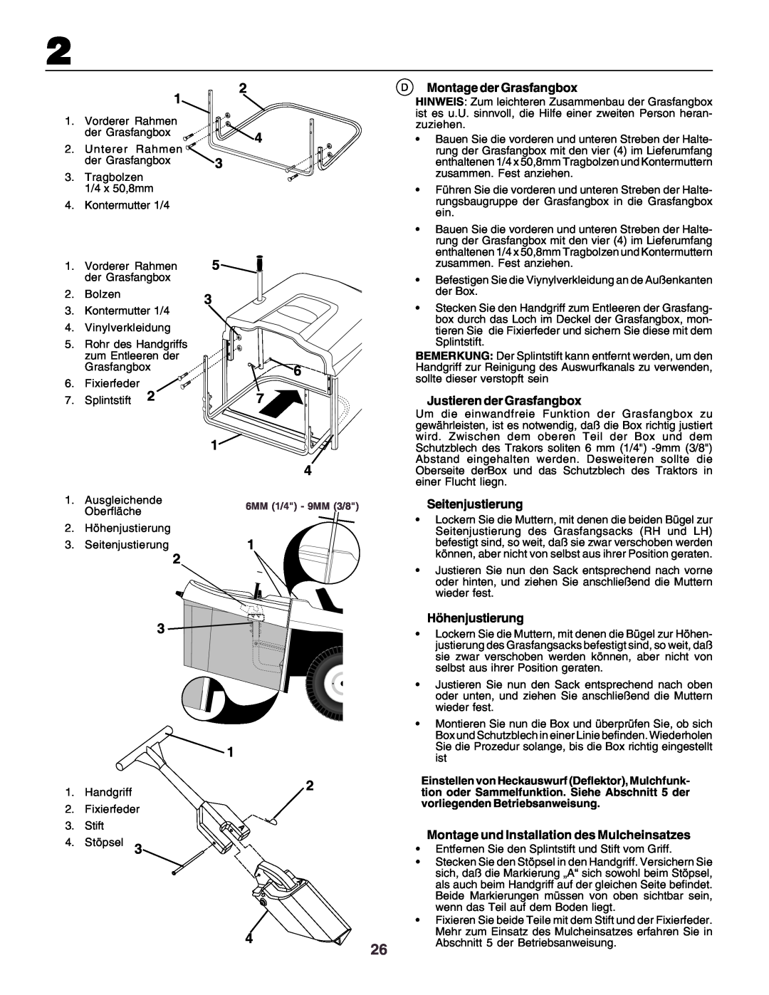 Husqvarna CT130 instruction manual Montage der Grasfangbox, Justieren der Grasfangbox, Seitenjustierung, Höhenjustierung 