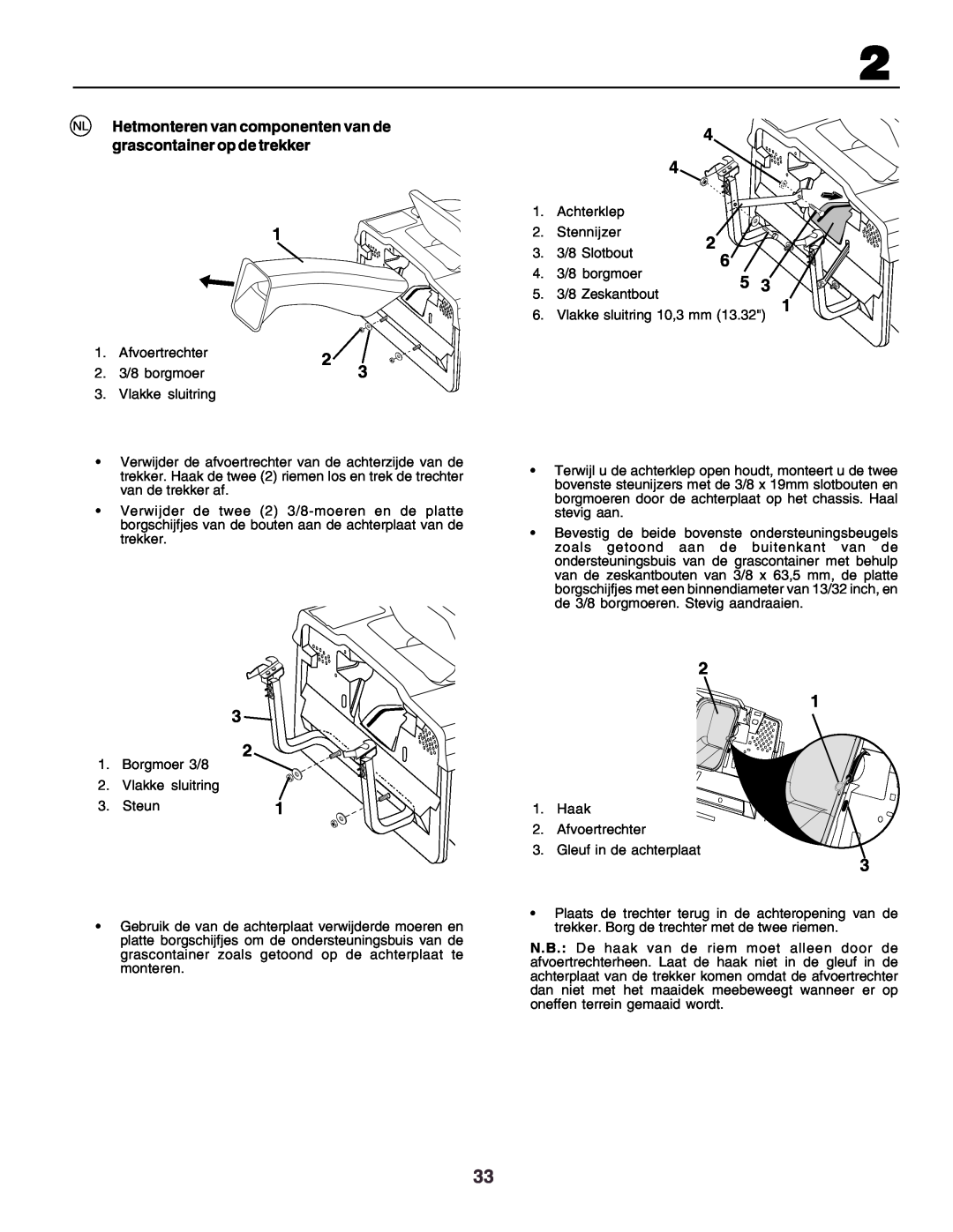 Husqvarna CT130 instruction manual NL Hetmonteren van componenten van de grascontainer op de trekker, sluitring 