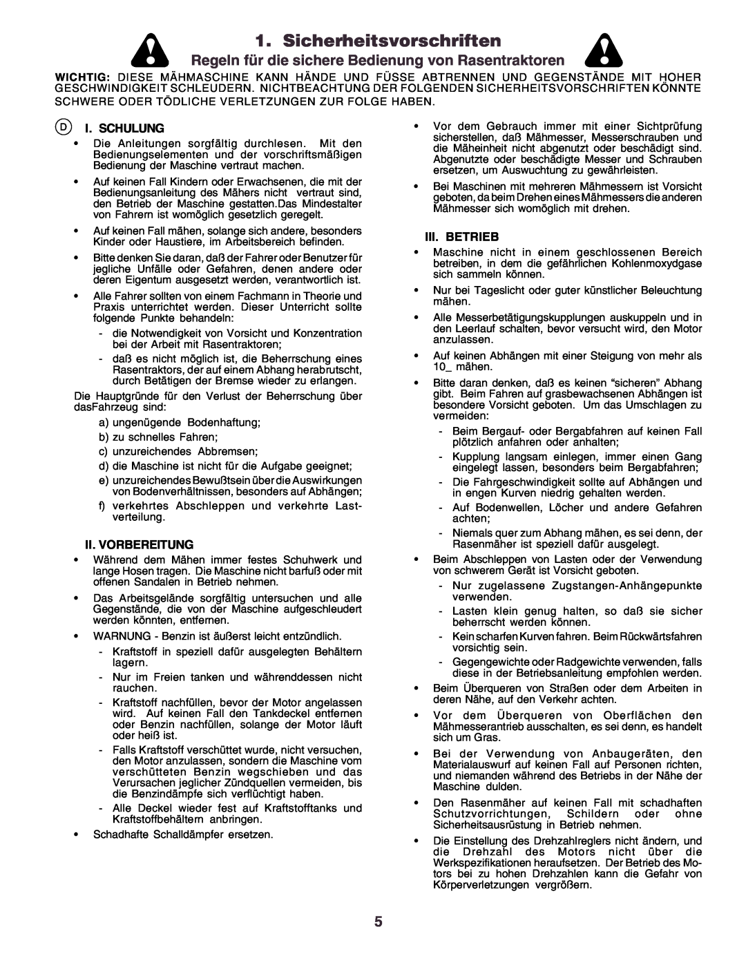 Husqvarna CT130 Sicherheitsvorschriften, Regeln für die sichere Bedienung von Rasentraktoren, I. Schulung, Iii. Betrieb 