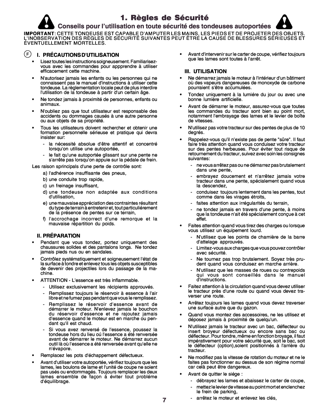 Husqvarna CT130 instruction manual 1. Règles de Sécurité, F I. Précautions Dutilisation, Ii. Préparation, Iii. Utilisation 