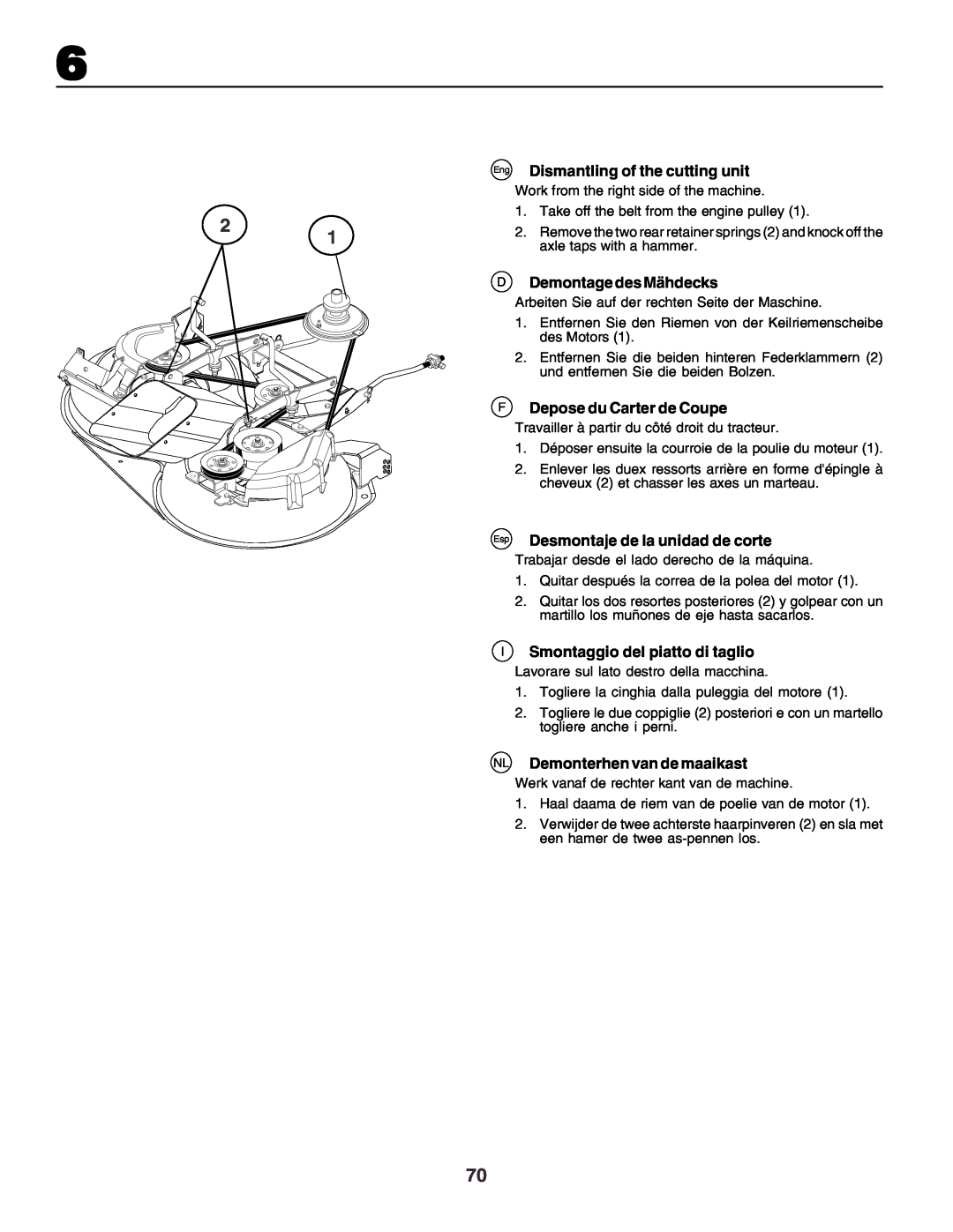 Husqvarna CT130 instruction manual Eng Dismantling of the cutting unit, Demontage des Mähdecks, Depose du Carter de Coupe 