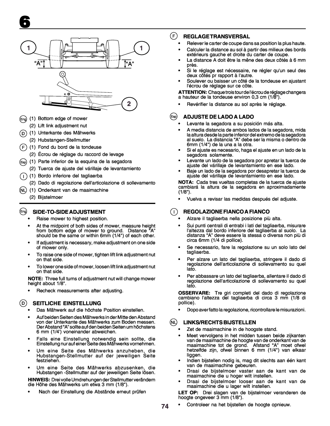 Husqvarna CT130 instruction manual “A”“A”, Eng SIDE-TO-SIDE ADJUSTMENT, Seitliche Einstellung, F Reglage Transversal 