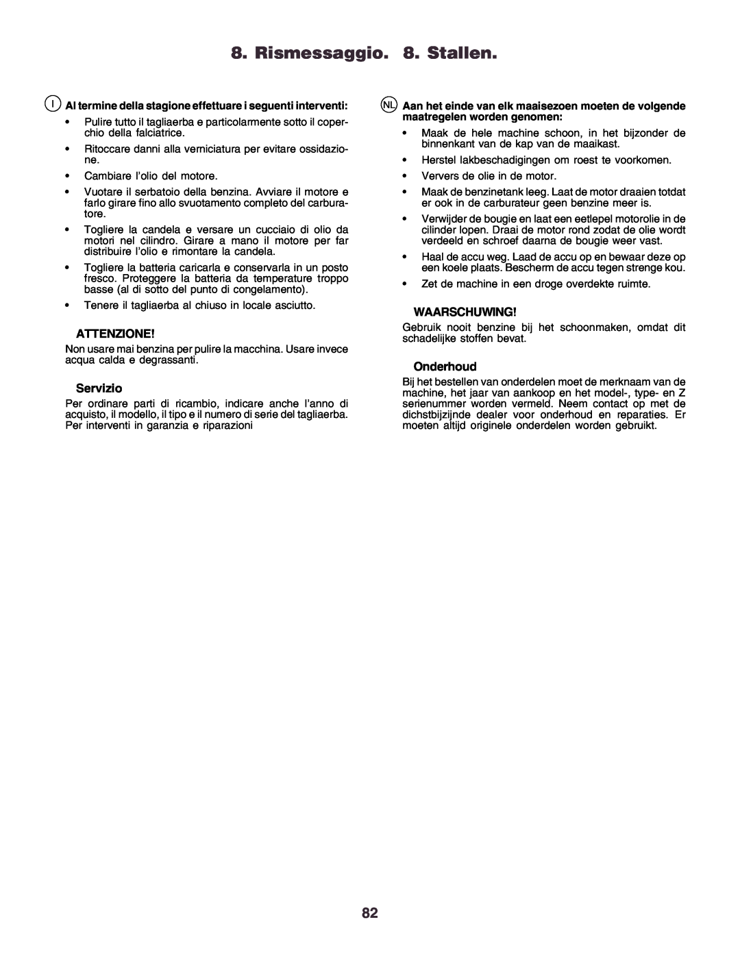 Husqvarna CT130 instruction manual Rismessaggio. 8. Stallen, Attenzione, Servizio, Waarschuwing, Onderhoud 