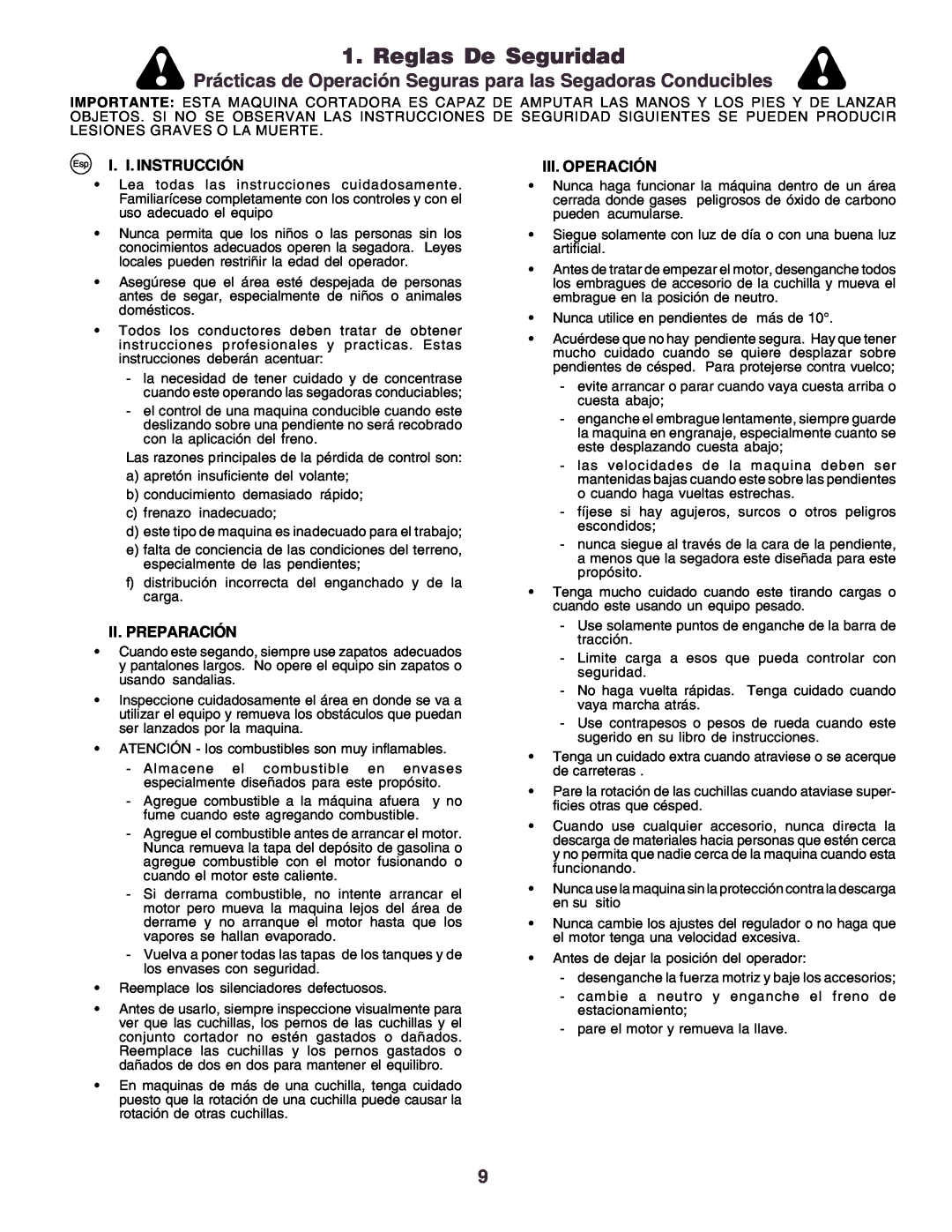 Husqvarna CT130 Reglas De Seguridad, Prácticas de Operación Seguras para las Segadoras Conducibles, I. I. Instrucción 