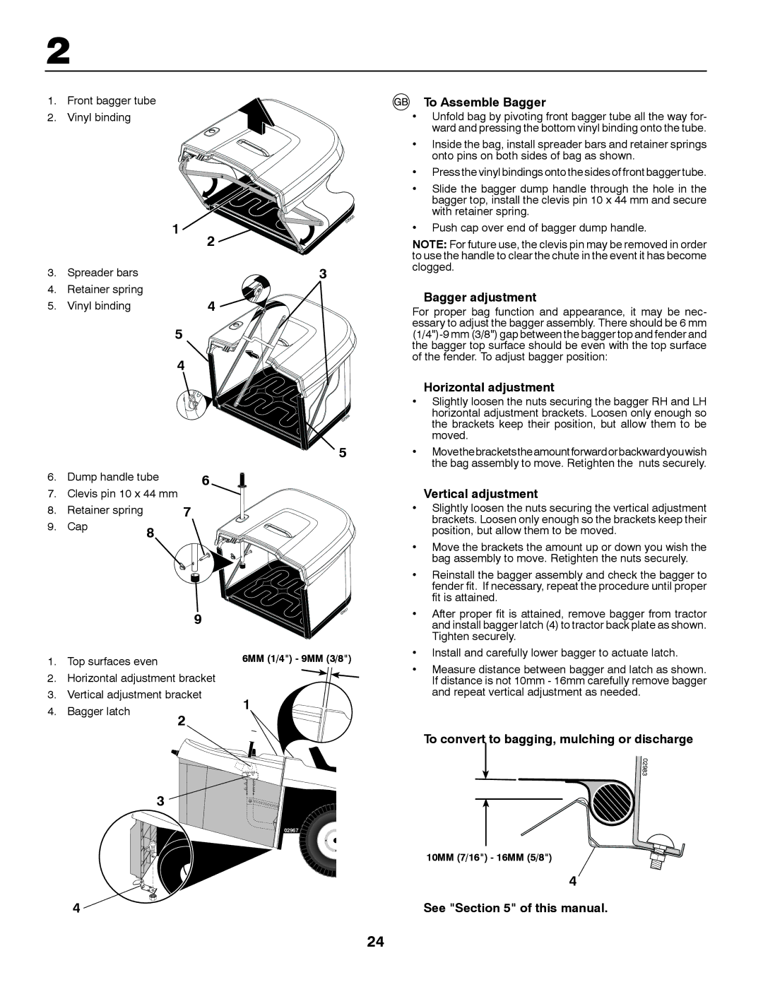 Husqvarna CT131 To Assemble Bagger, Bagger adjustment, Horizontal adjustment, Vertical adjustment, See of this manual 